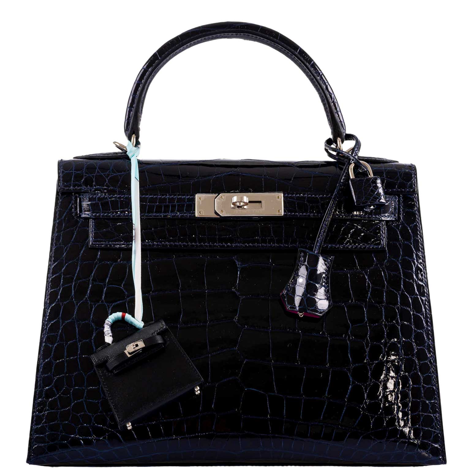 Hermès Hermès Verso Kelly 28 Sellier Shiny Bleu Marine Nilo Crocodile and Rose Scheherazade Palladium Hardware