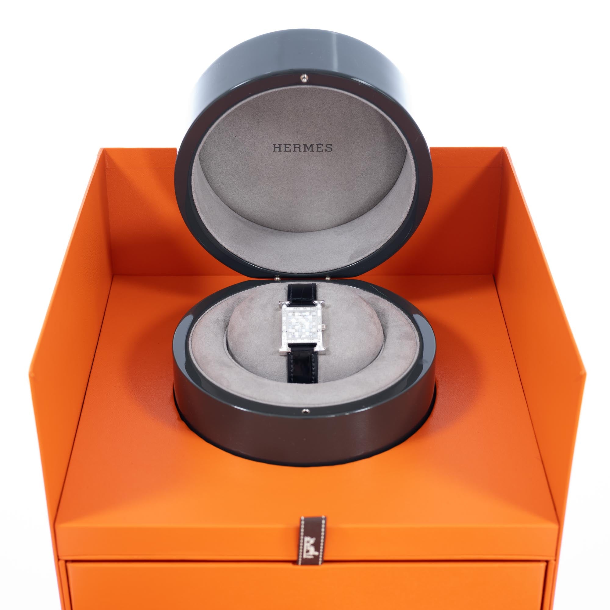 Hermès Heure H 25mm High Jewelry "Mosaïque" White Gold & Baguette Diamond Watch<