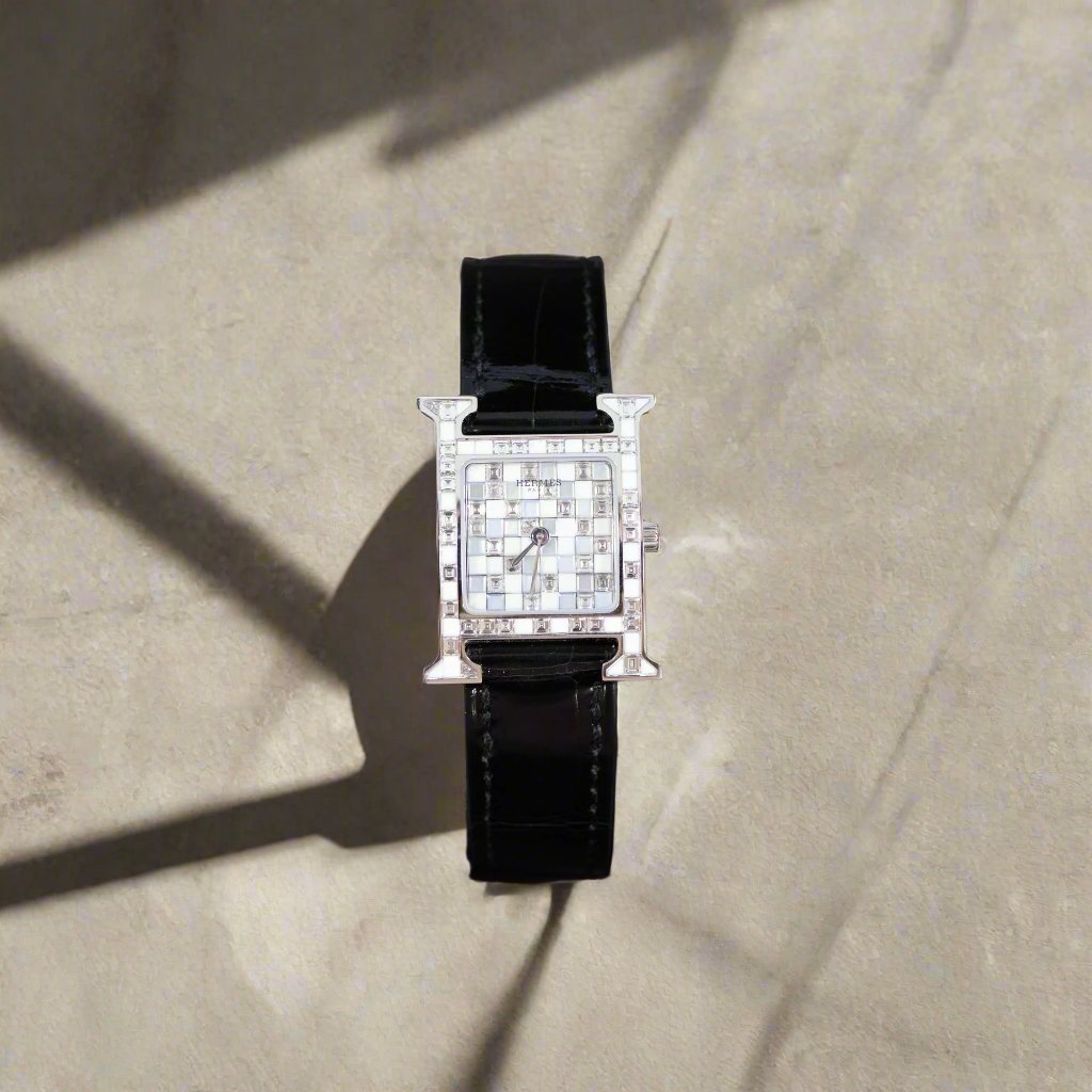 Hermès Heure H 25mm High Jewelry "Mosaïque" White Gold & Baguette Diamond Watch<