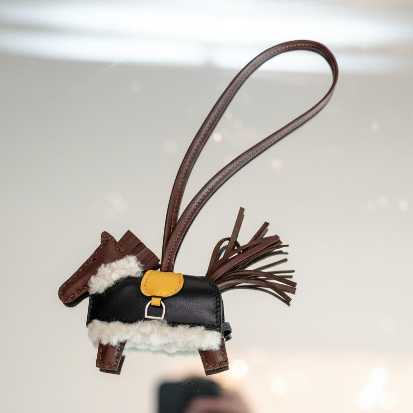 Hermès Horse Rodeo Plush PM Charm Terre/Sesame/Noir Lambskin Ecru Merino Wool Gold Hardware
