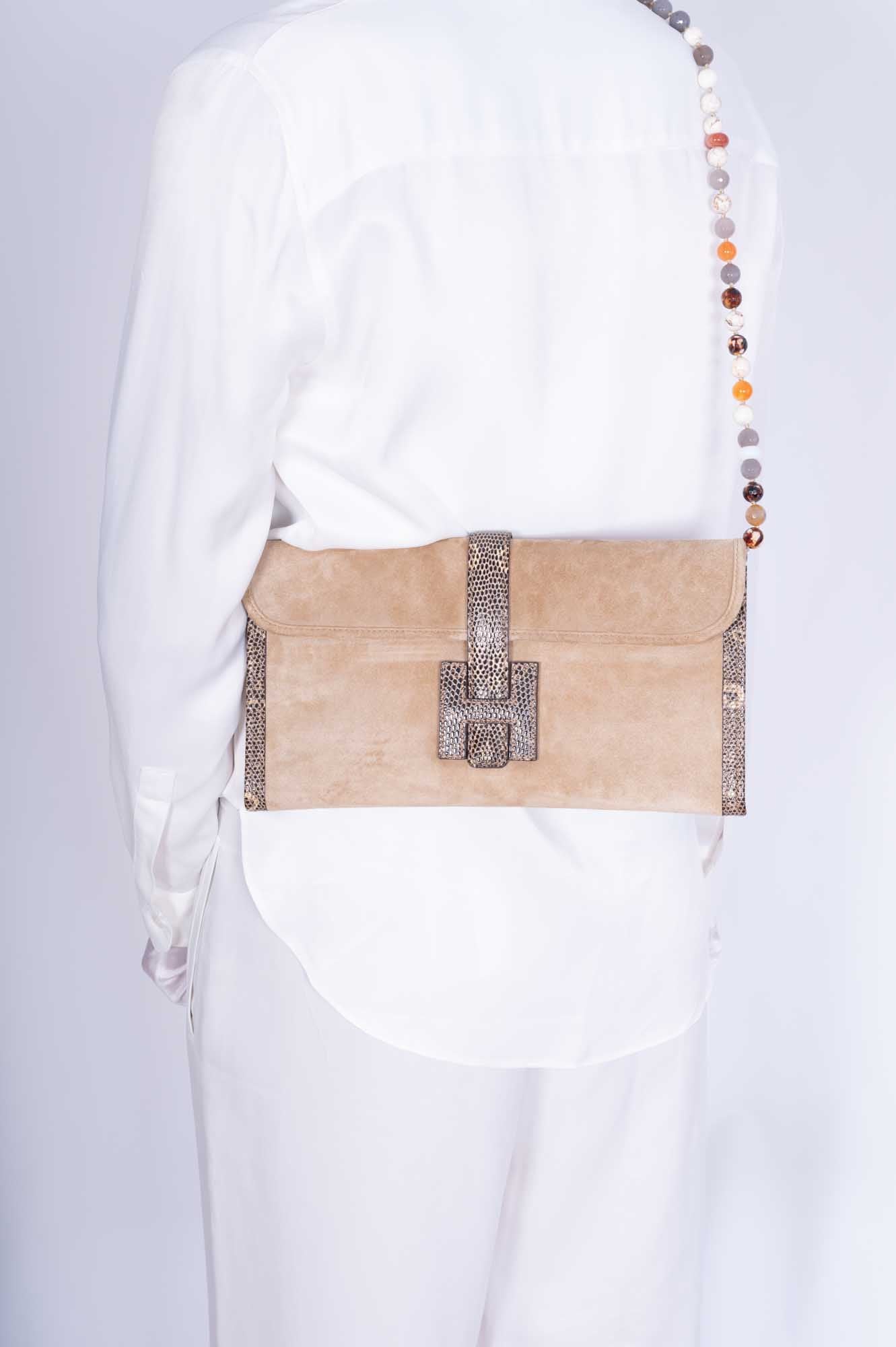 Hermès Jige Elan Clutch Sable Doblis Suede and Ombré Lizard
