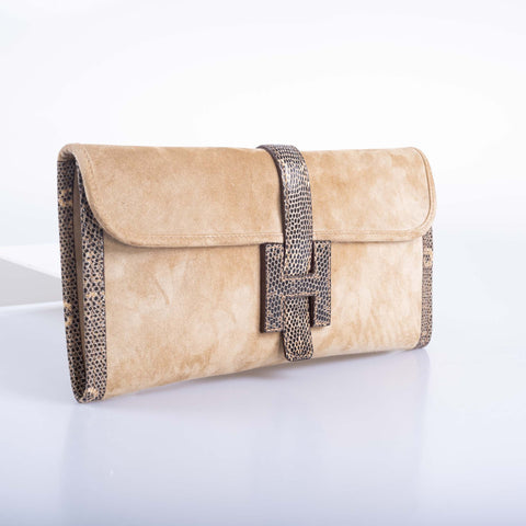 Hermès Jige Elan Clutch Sable Doblis Suede and Ombré Lizard