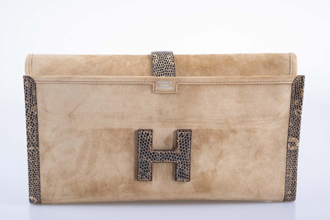Hermès Jige Elan Clutch Sable Doblis Suede and Ombré Lizard