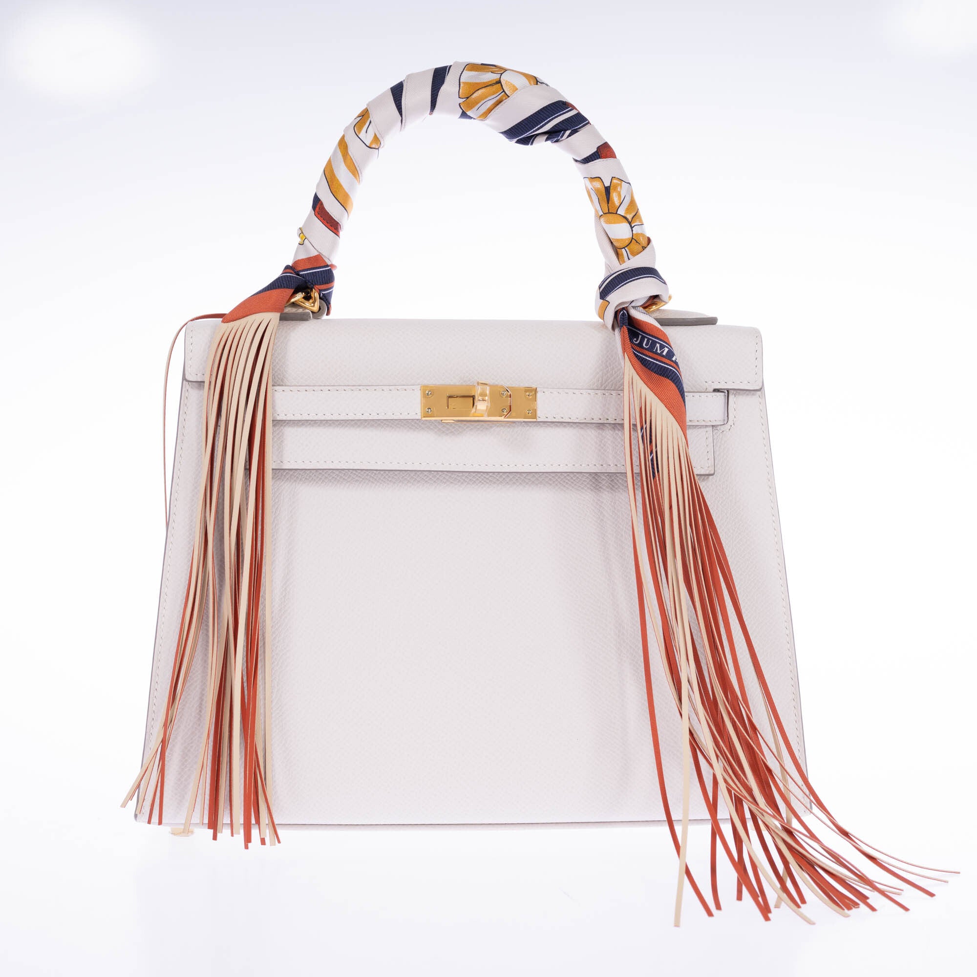 Hermès Jumping Leather Fringes Twilly Crème/Alezan/Anthracite Silk