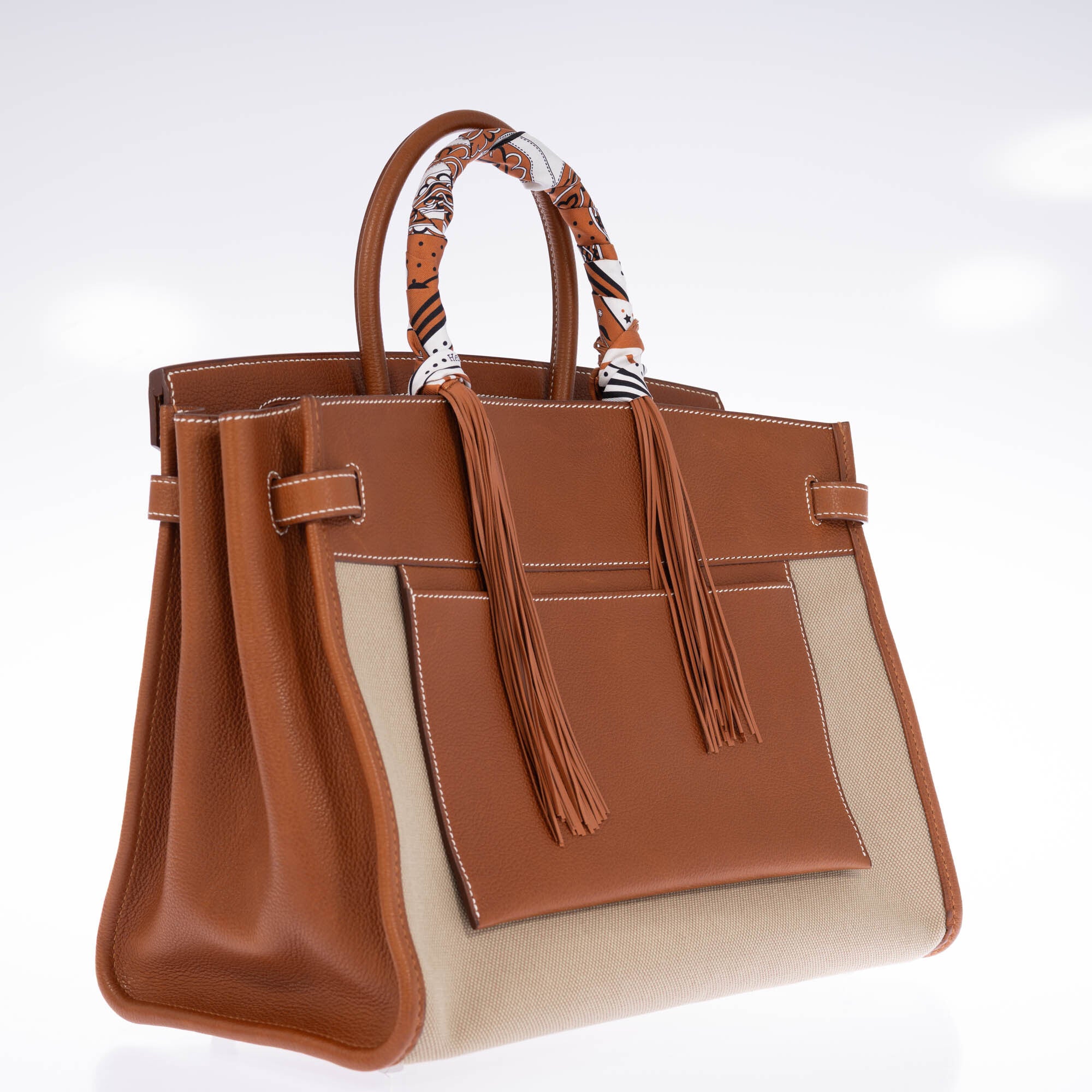 Hermès Jumping Leather Fringes Twilly Crème/Alezan/Anthracite Silk