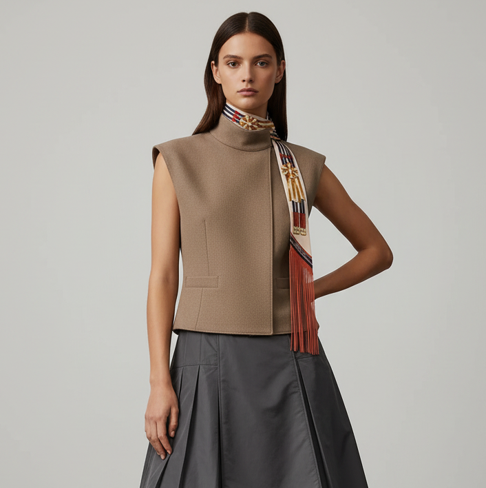 Hermès Jumping Leather Fringes Twilly Crème/Alezan/Anthracite Silk