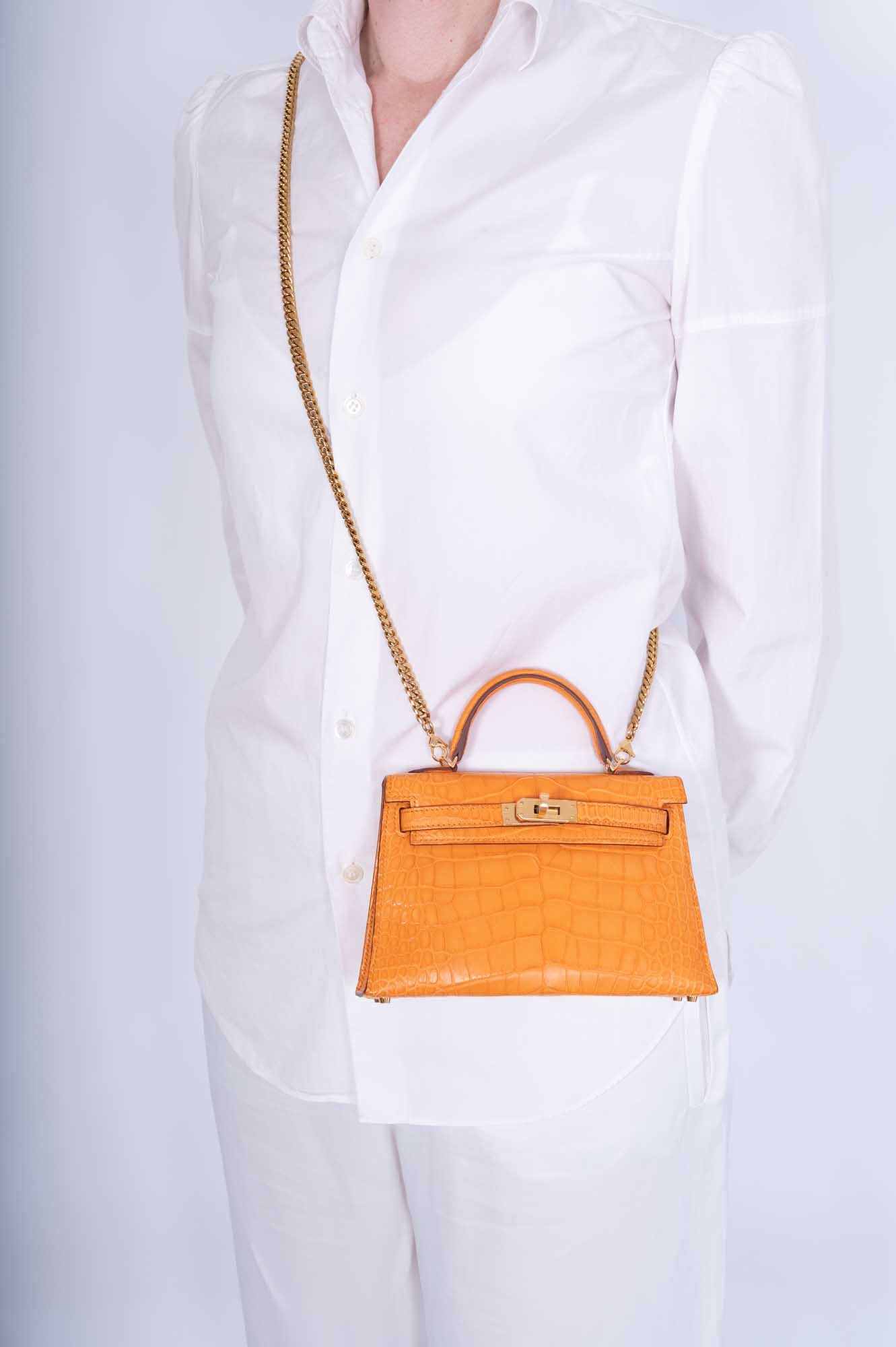 Hermès Kelly 20 Mini II Sellier Apricot Matte Alligator Gold Hardware
