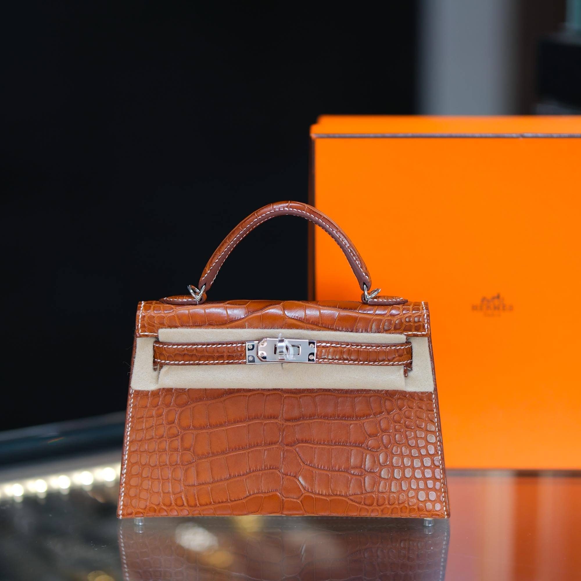 Hermès Kelly 20 Mini II Sellier Fauve Matte Alligator Mini Barenia Palladium Hardware
