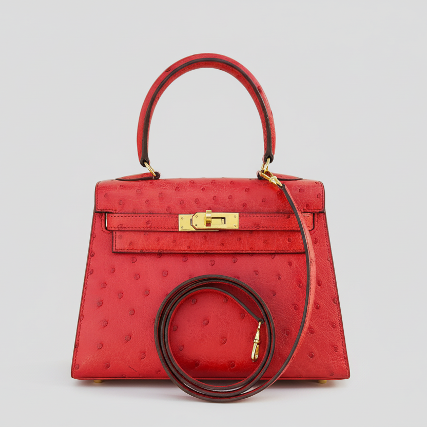 Hermès Kelly 20 Mini Retourne Vintage Rouge Vif Ostrich Gold Hardware