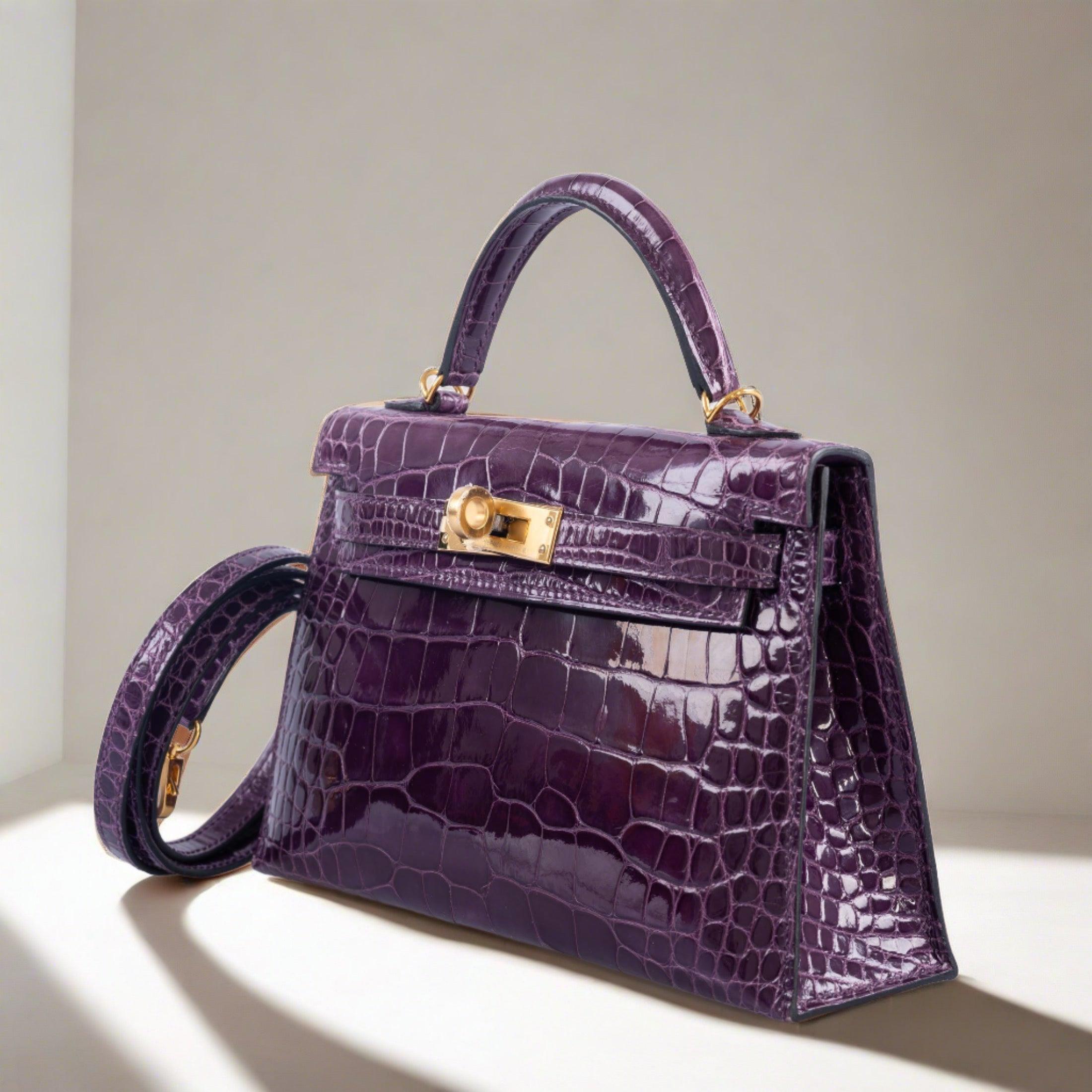 Hermès Kelly 20 Mini Sellier Amethyst Shiny Alligator with Gold Hardware