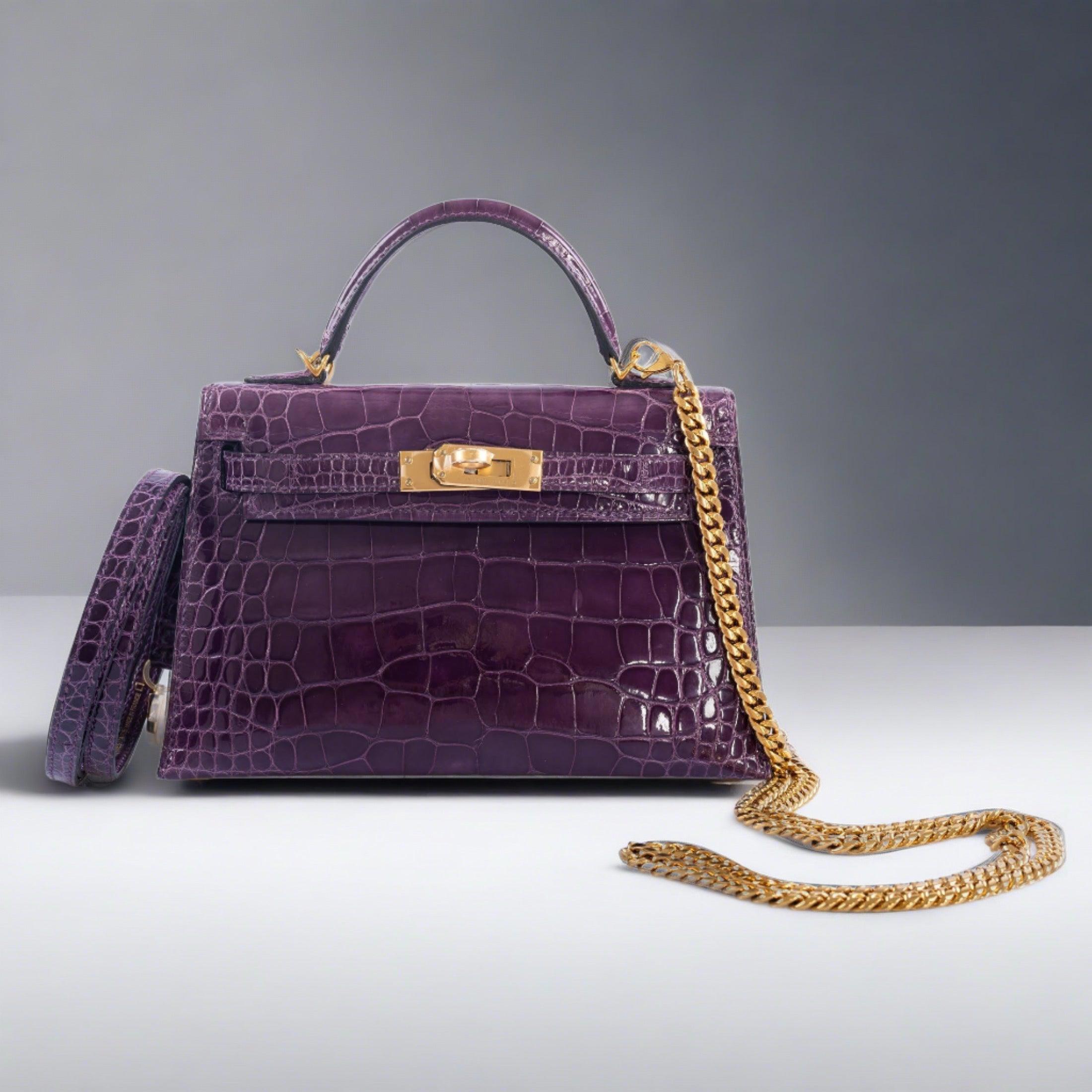 Hermès Kelly 20 Mini Sellier Amethyst Shiny Alligator with Gold Hardware