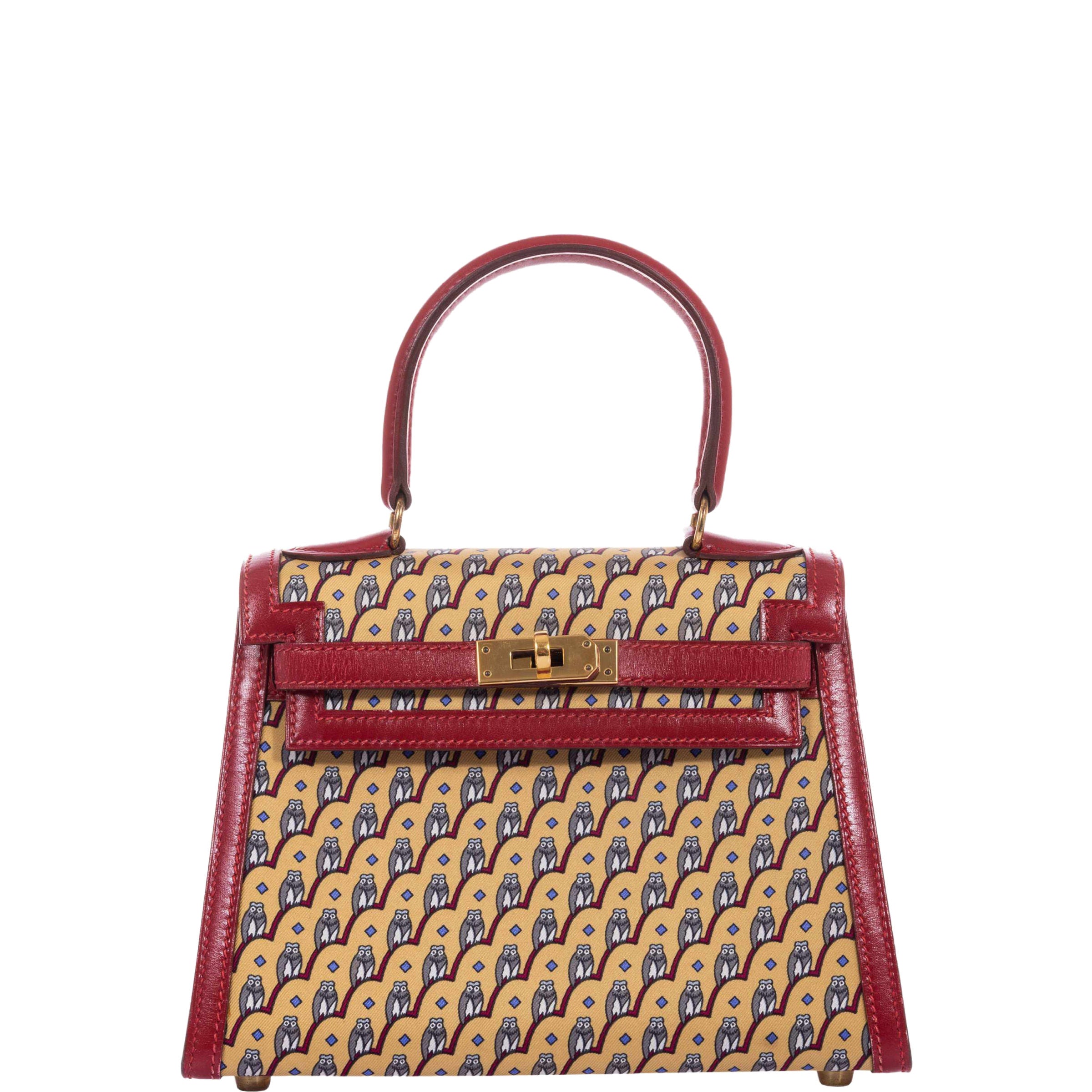 Hermès Kelly 20 Sellier Owl Print Silk Jaune & Rouge Vif Box Calf Gold Hardware