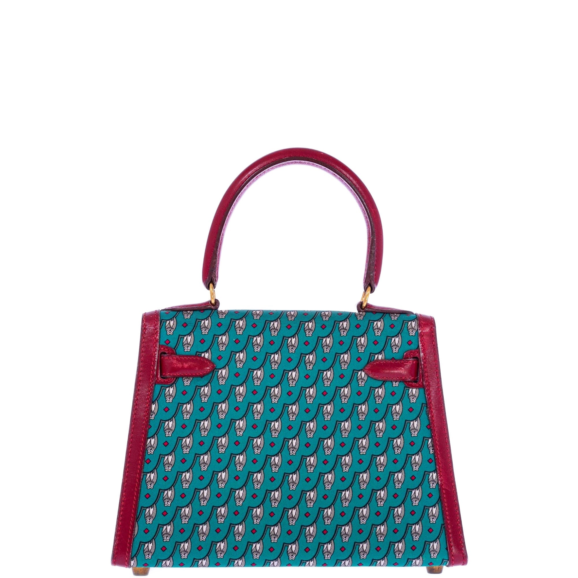 Hermès Kelly 20 Sellier Owl Print Turquoise Silk & Rouge Vif Box Calf Gold Hardware