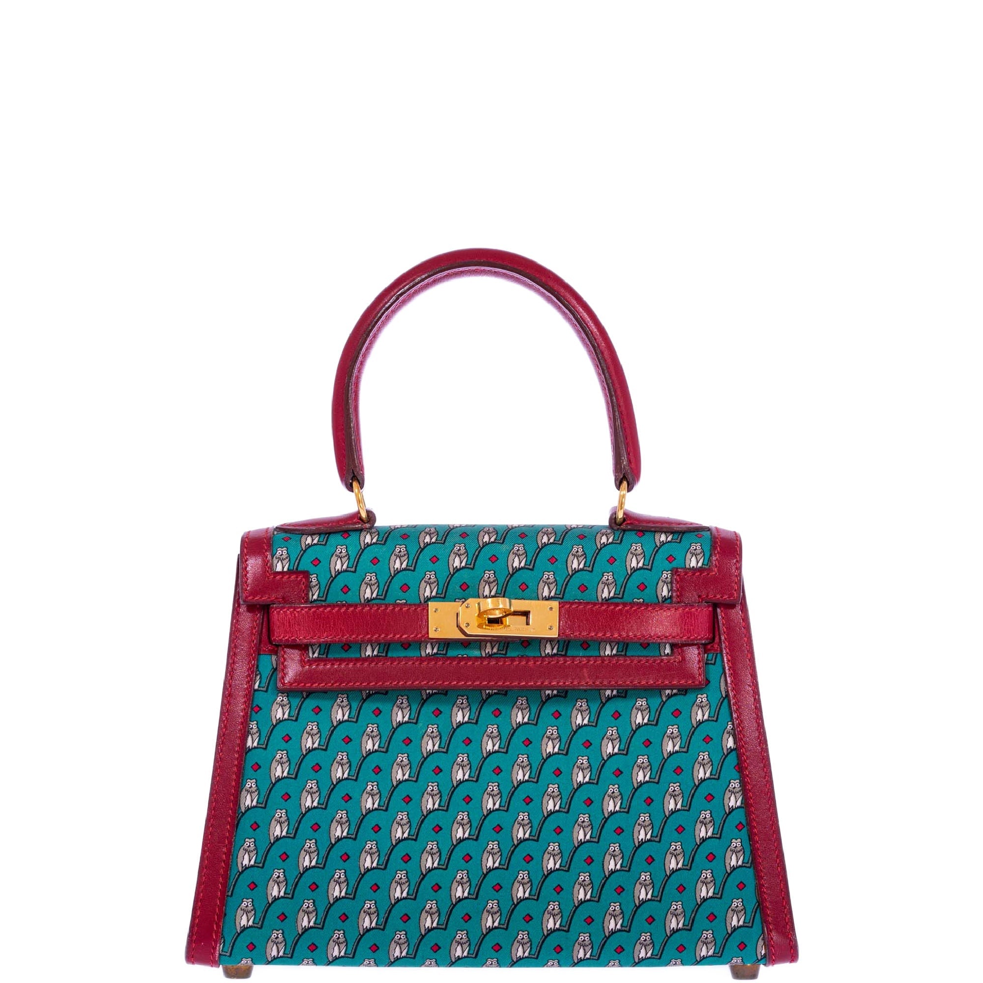 Hermès Kelly 20 Sellier Owl Print Turquoise Silk & Rouge Vif Box Calf Gold Hardware