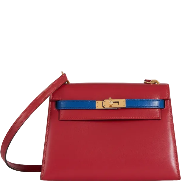 Hermès Kelly 20 Sellier Rouge Vif/Bleu Saphir Box Calf Gold Hardware