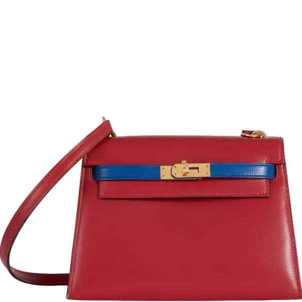 Hermès Kelly 20 Sellier Rouge Vif/Bleu Saphir Box Calf Gold Hardware