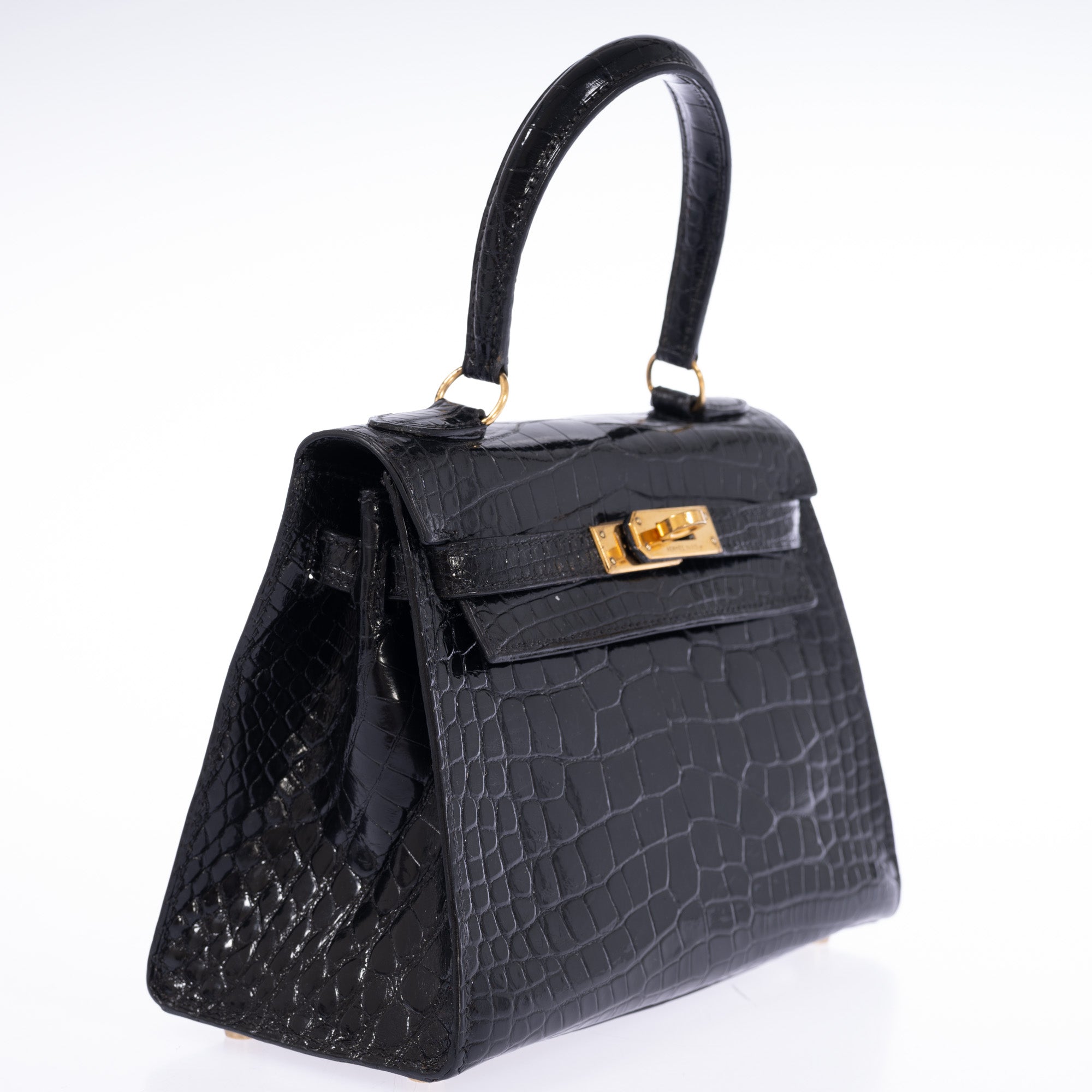 Hermès Kelly 20 Vintage Retourne Noir Shiny Porosus Crocodile Gold Hardware