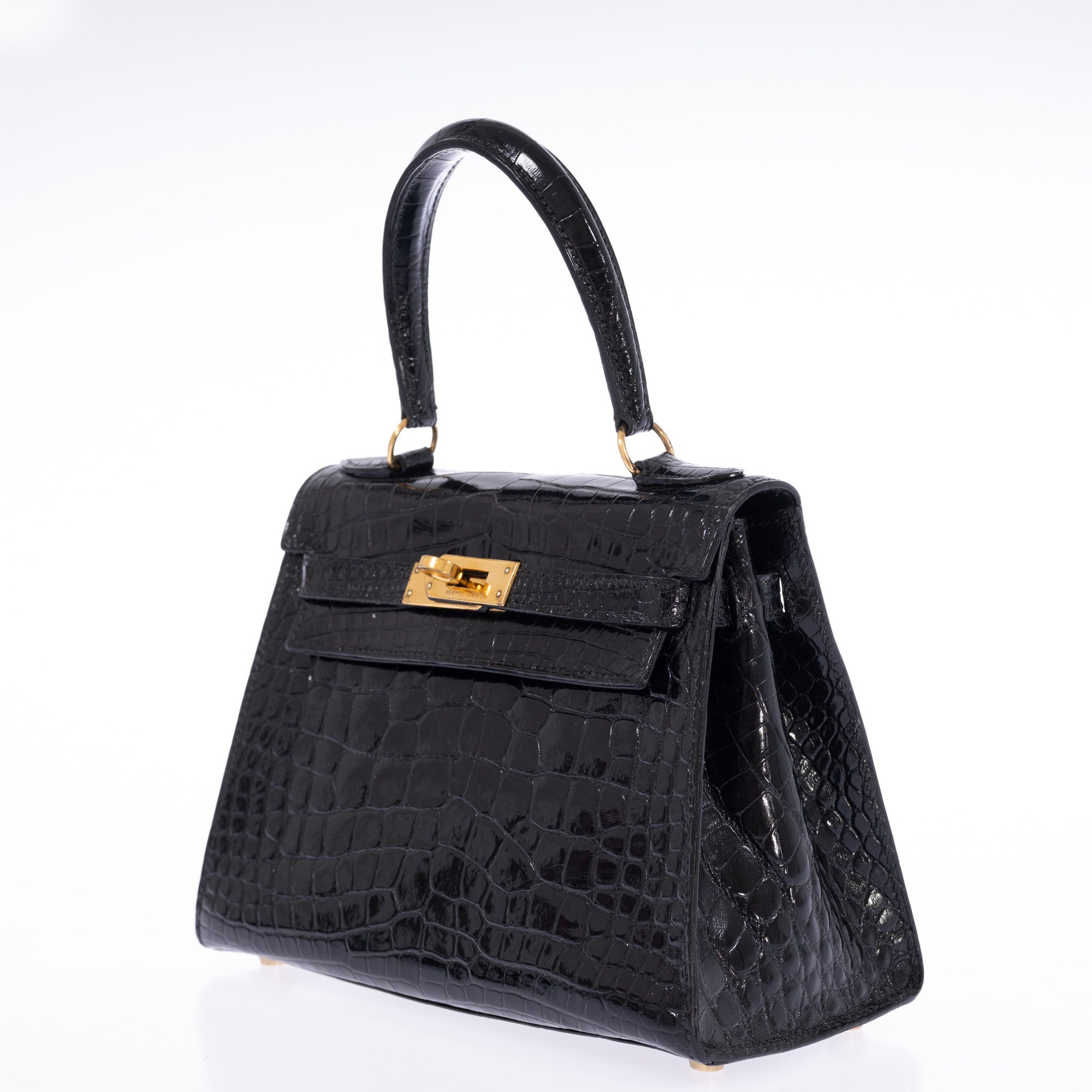 Hermès Kelly 20 Vintage Retourne Noir Shiny Porosus Crocodile Gold Hardware