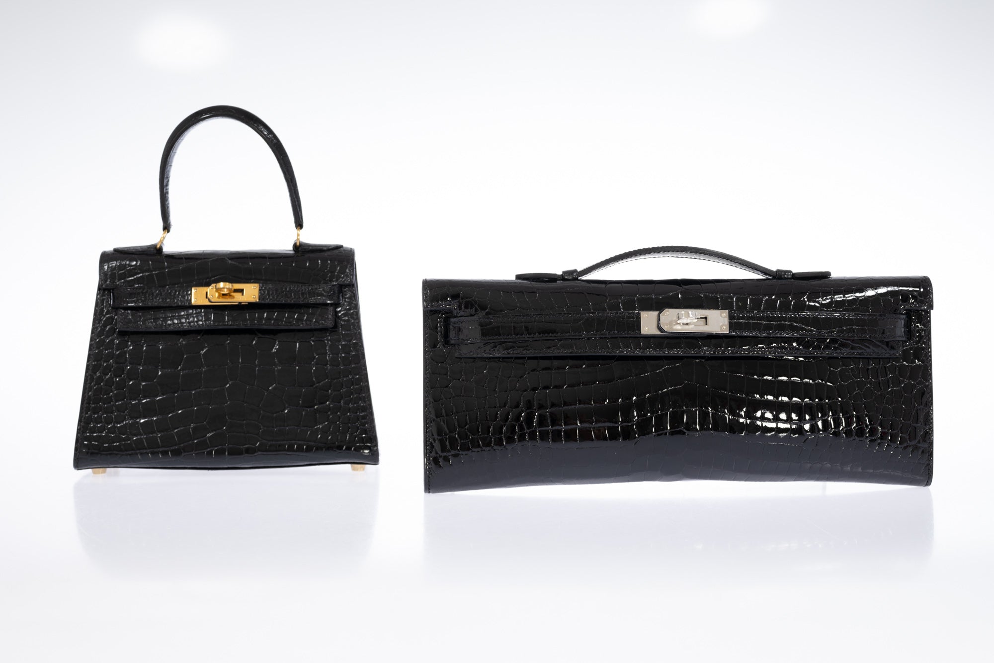 Hermès Kelly 20 Vintage Retourne Noir Shiny Porosus Crocodile Gold Hardware
