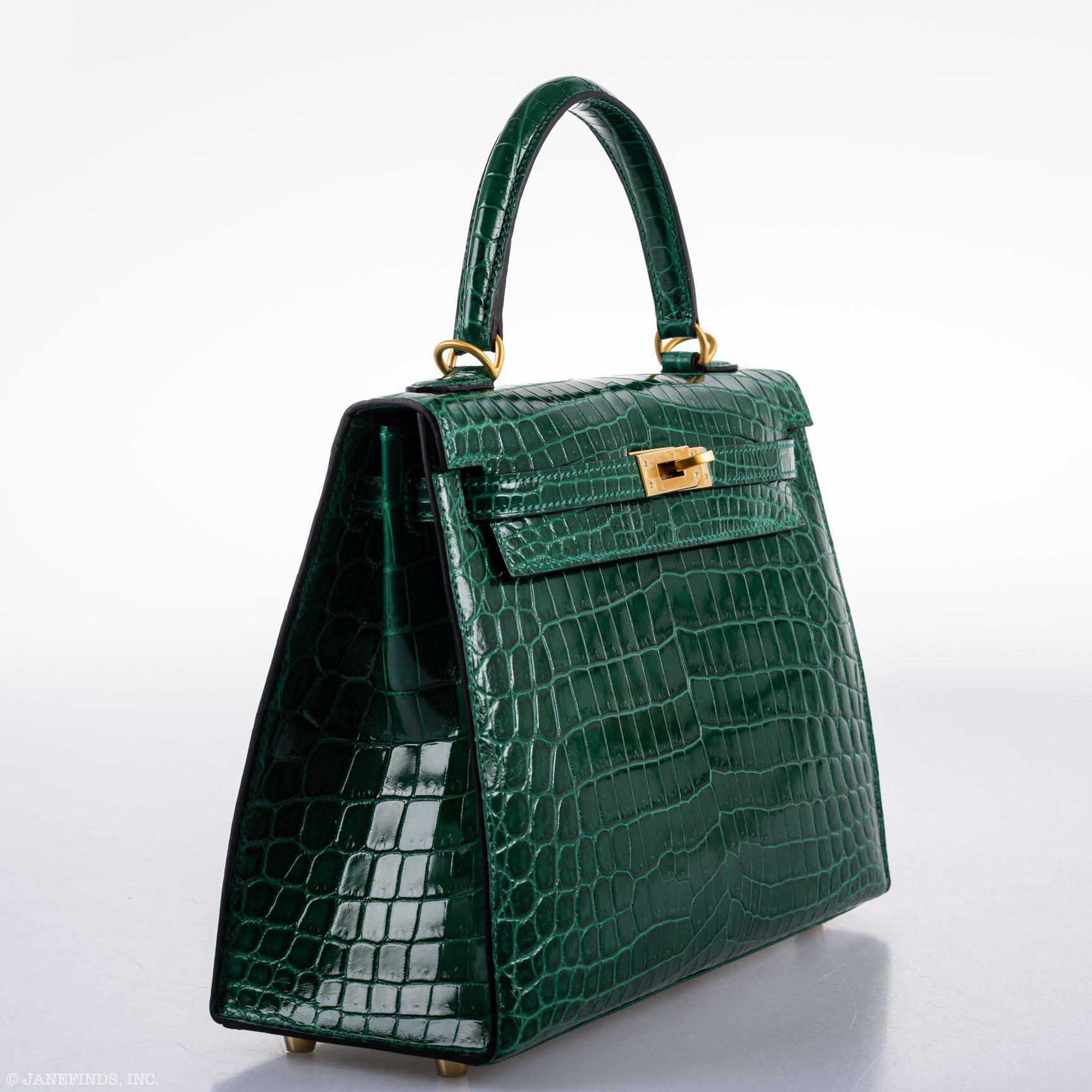 Hermès Kelly 25 HSS Sellier Emerald Nilo Crocodile & Cassis Brushed Gold Hardware