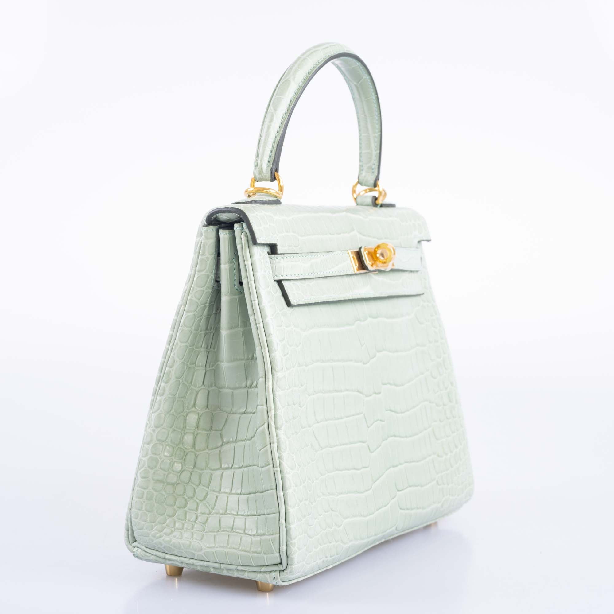 Hermes Kelly 25 Matte Vert d'Eau Porosus Crocodile Gold Hardware