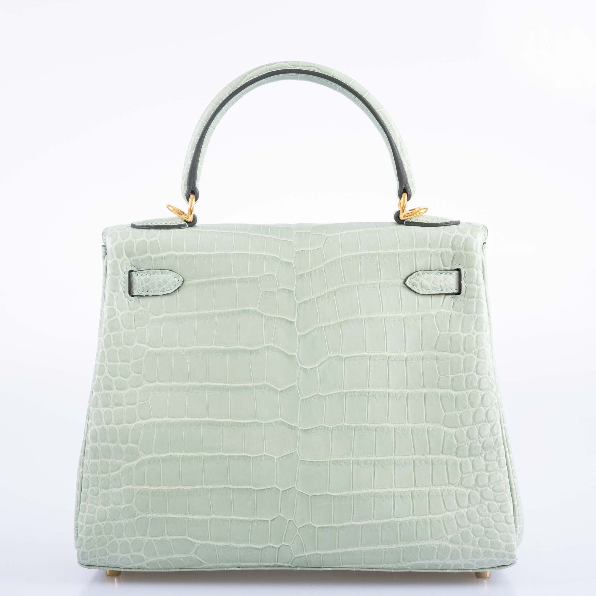 Hermes Kelly 25 Matte Vert d'Eau Porosus Crocodile Gold Hardware