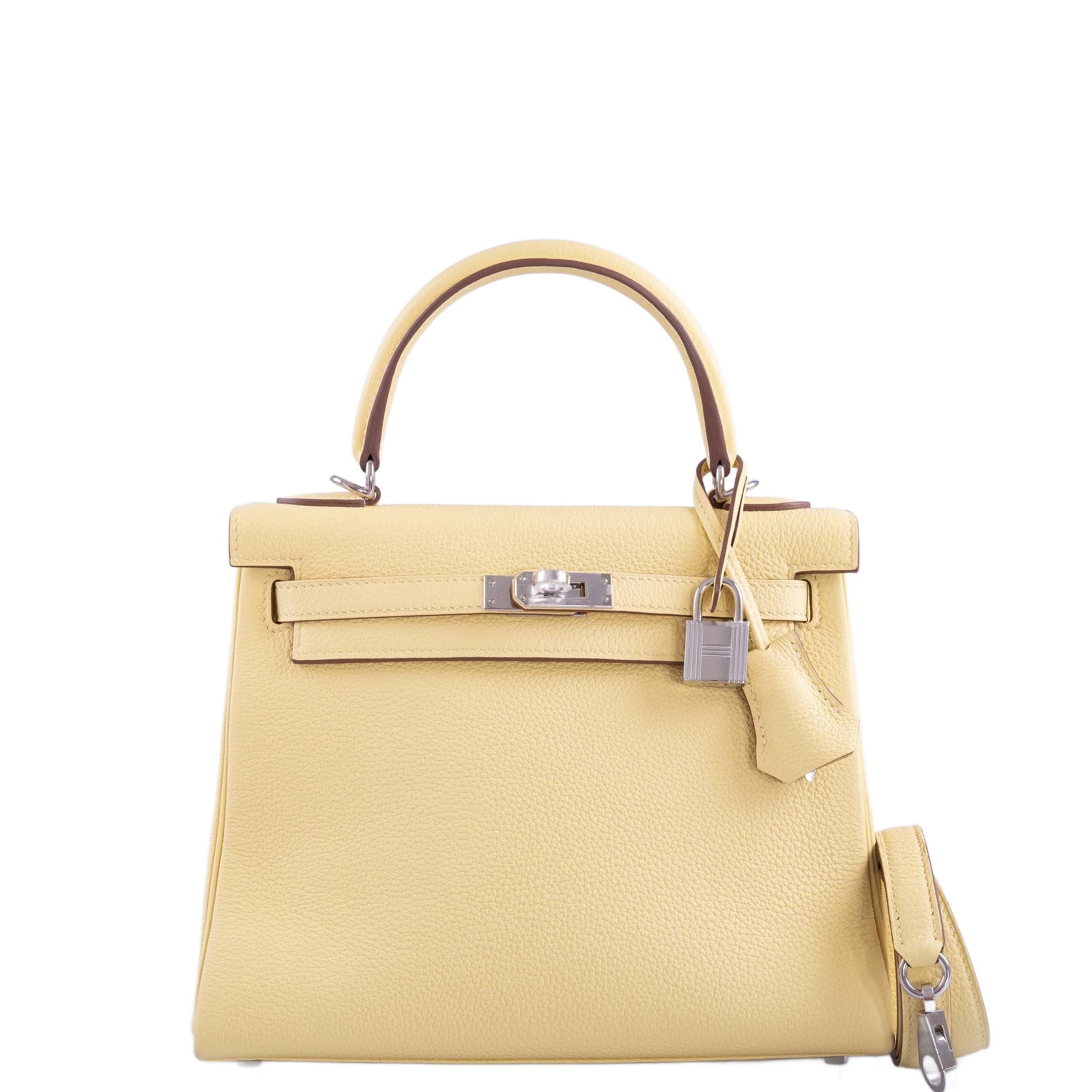 Hermès Kelly 25 Retourne Jaune Poussin Togo Palladium Hardware