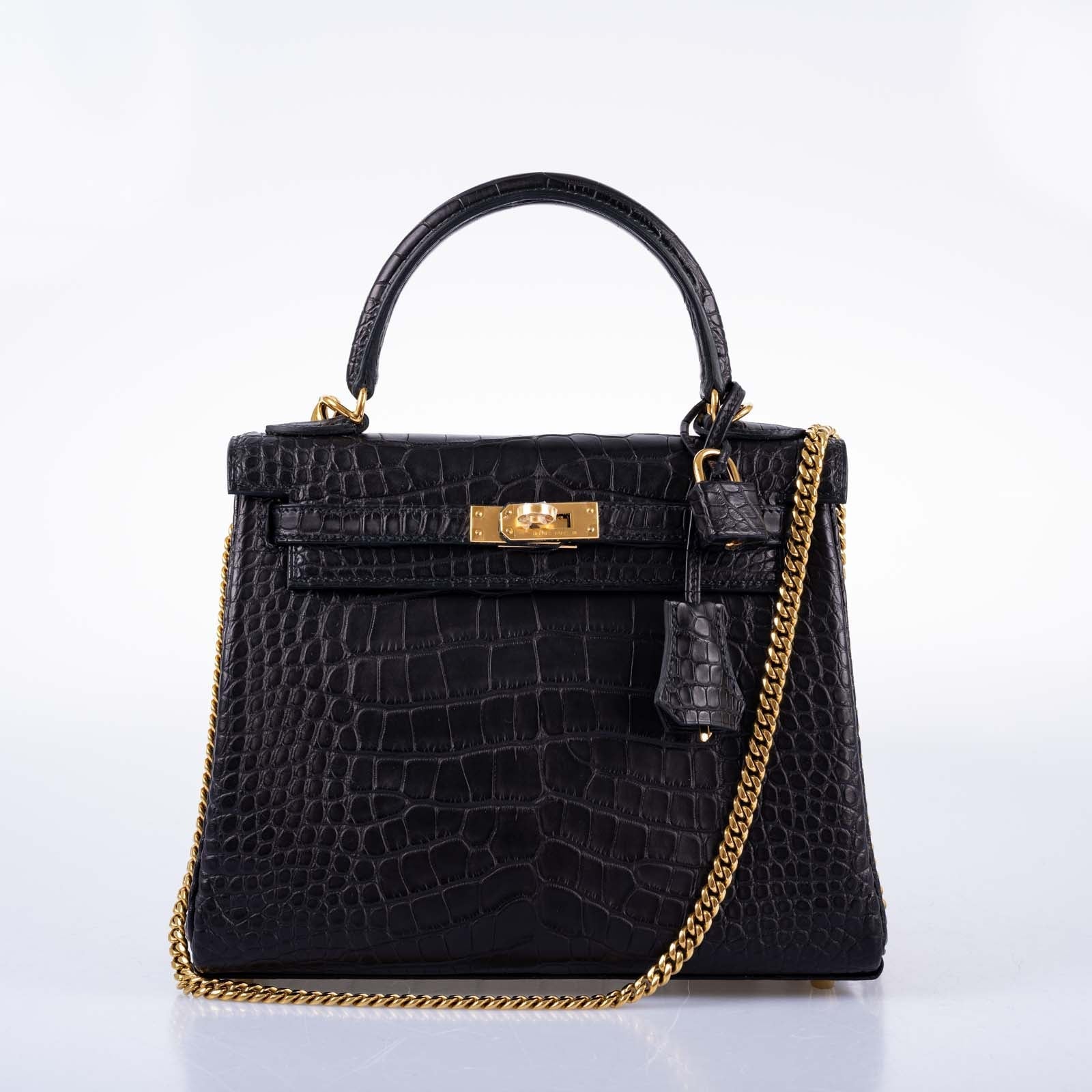 Hermès Kelly 25 Retourne Matte Black Alligator Gold Hardware