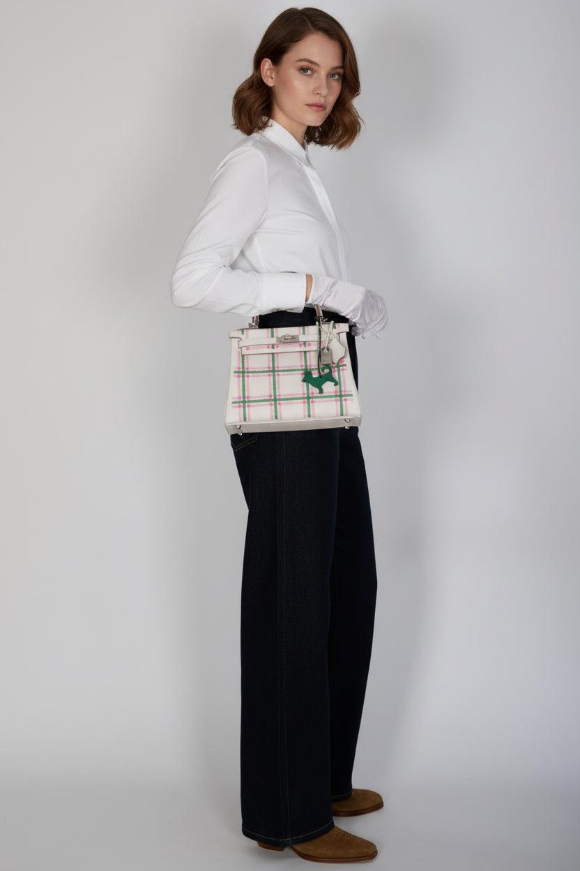 Hermès Kelly 25 Retourne Tartan Light Gris Pale Vert Moyen Bubblegum Swift Palladium Hardware