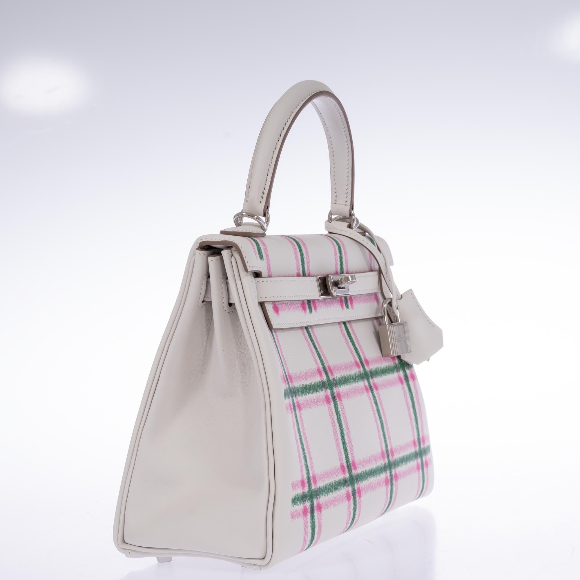 Hermès Kelly 25 Retourne Tartan Light Gris Pale Vert Moyen Bubblegum Swift Palladium Hardware
