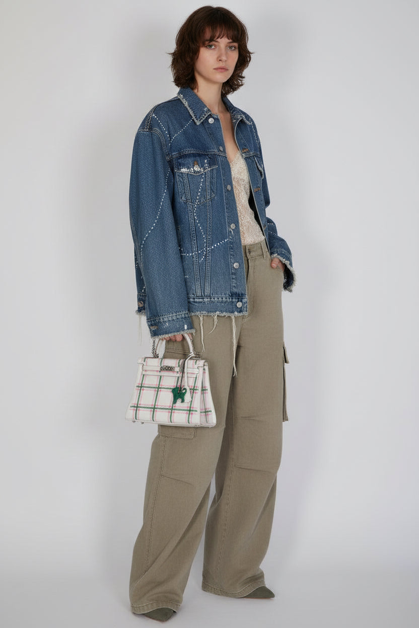 Hermès Kelly 25 Retourne Tartan Light Gris Pale Vert Moyen Bubblegum Swift Palladium Hardware