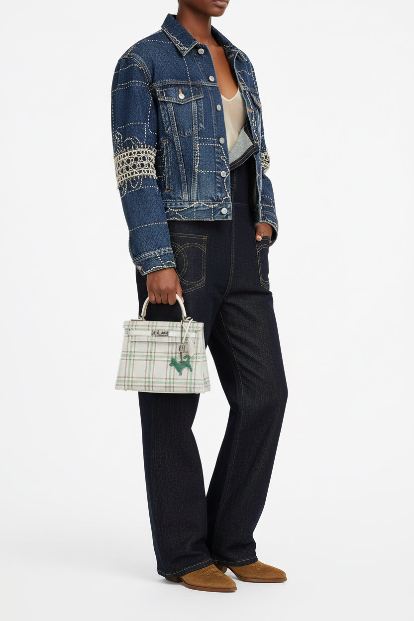 Hermès Kelly 25 Retourne Tartan Light Gris Pale Vert Moyen Bubblegum Swift Palladium Hardware