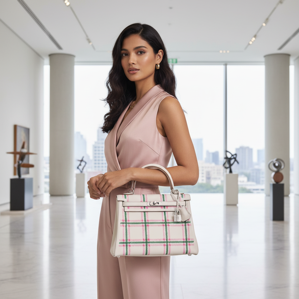Hermès Kelly 25 Retourne “Tartan Light” Gris Pale, Vert Moyen, and Bubblegum Swift with Palladium Hardware