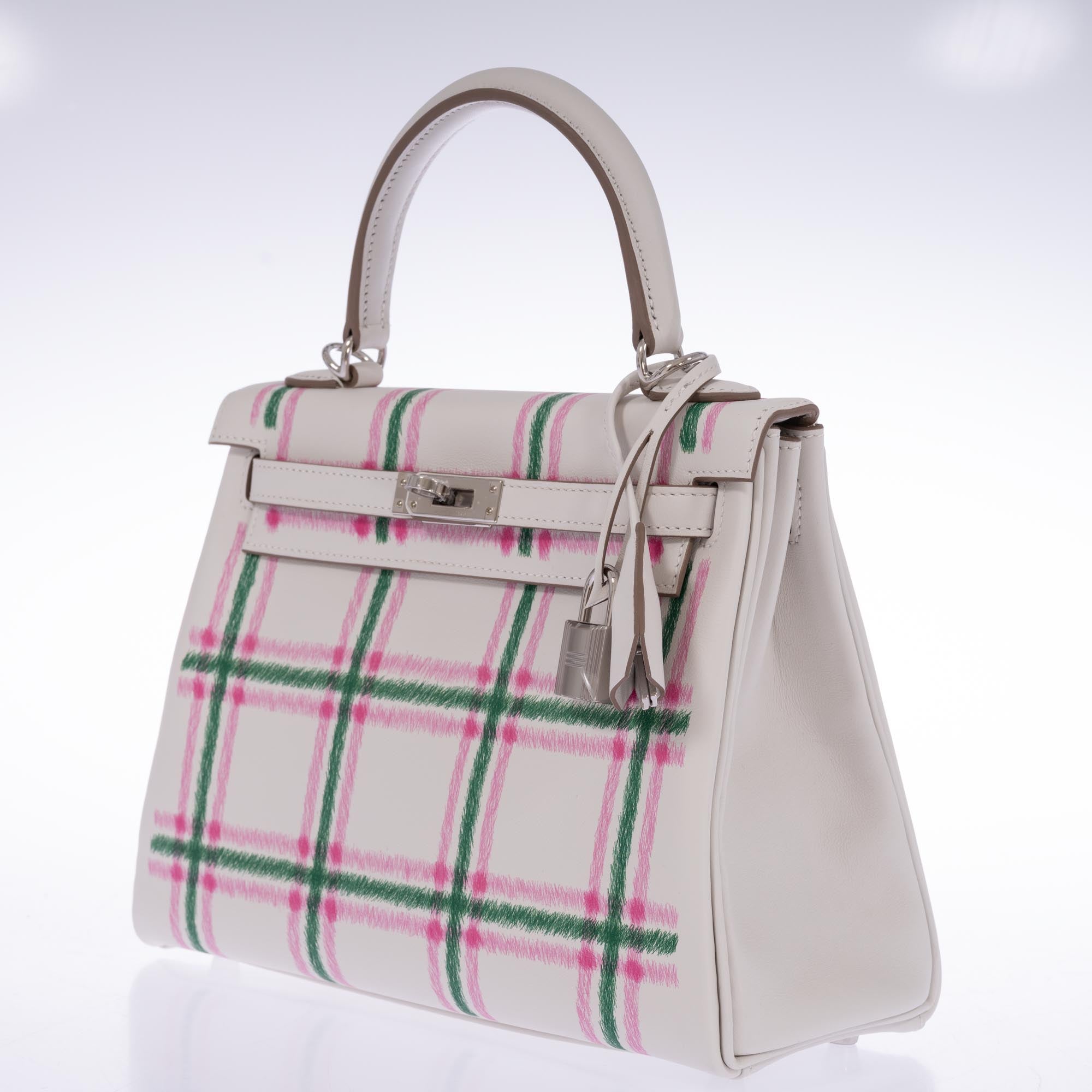 Hermès Kelly 25 Retourne “Tartan Light” Gris Pale, Vert Moyen, and Bubblegum Swift with Palladium Hardware