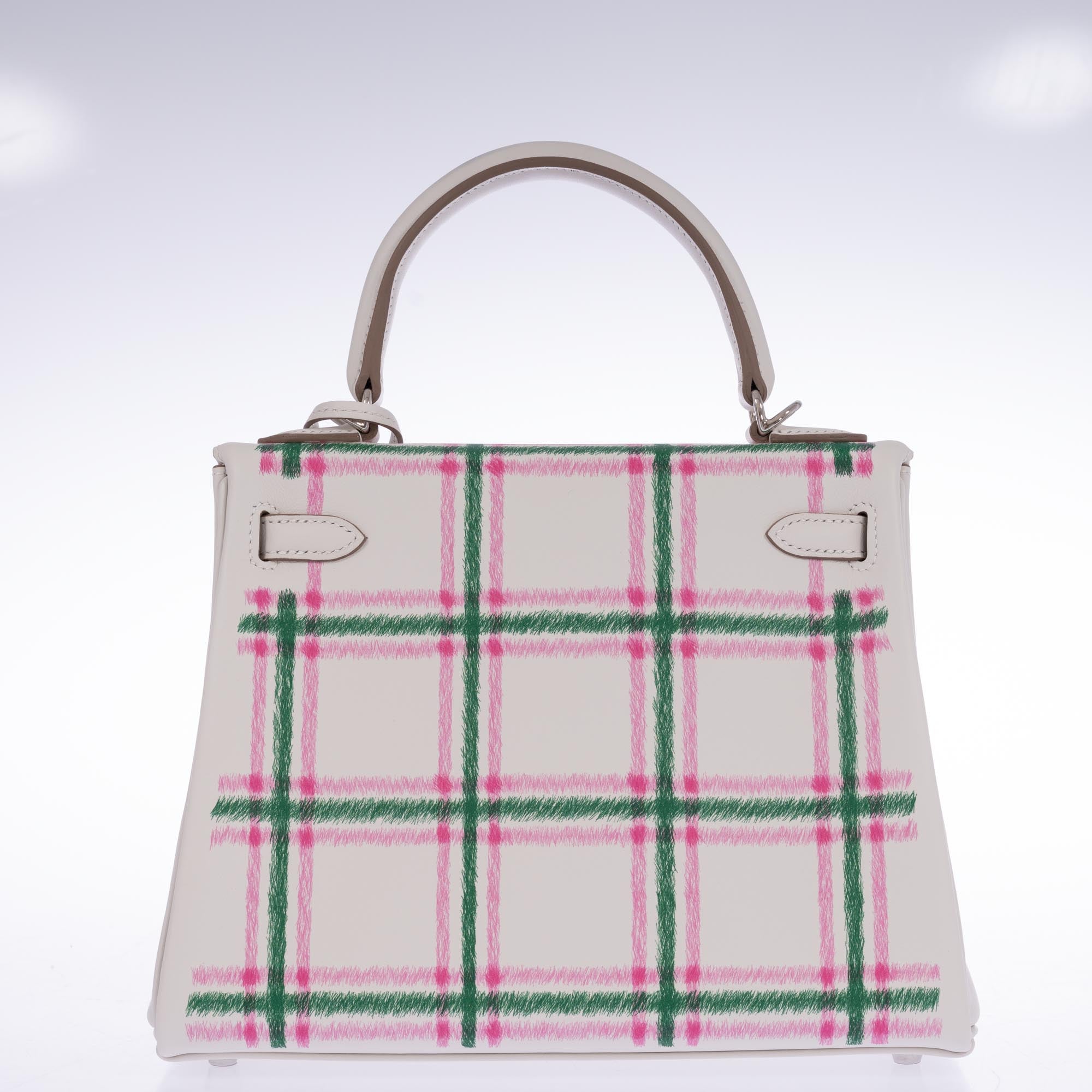 Hermès Kelly 25 Retourne “Tartan Light” Gris Pale, Vert Moyen, and Bubblegum Swift with Palladium Hardware