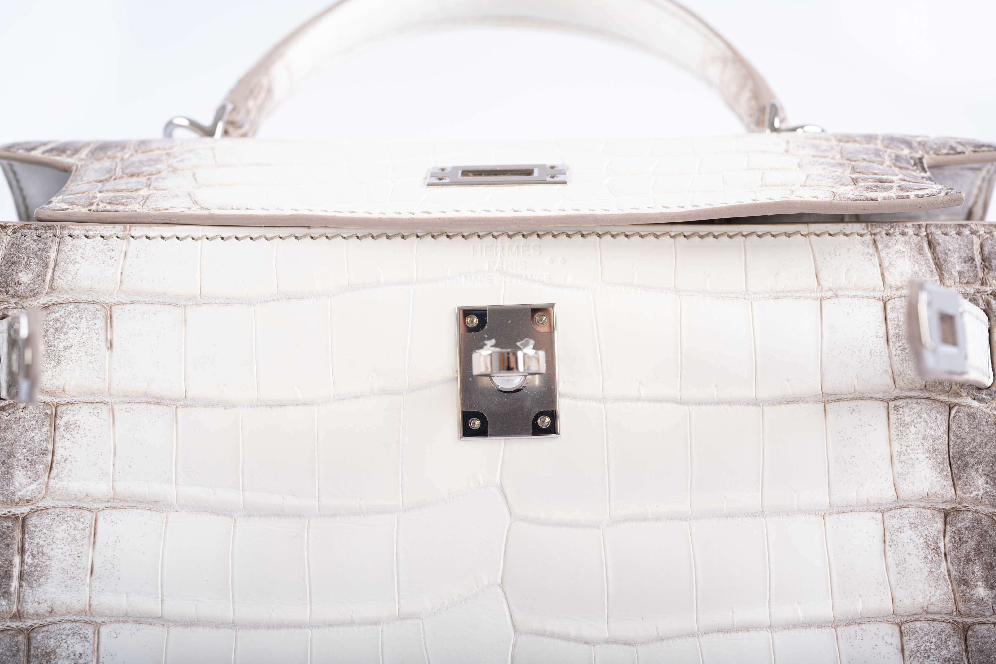 Hermès Kelly 25 Retourne White Himalayan Niloticus Crocodile Palladium Hardware