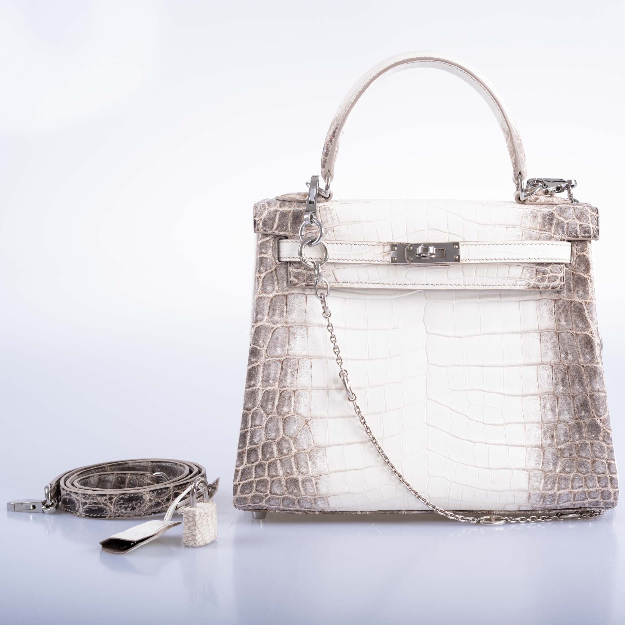 Hermès Kelly 25 Retourne White Himalayan Niloticus Crocodile Palladium Hardware