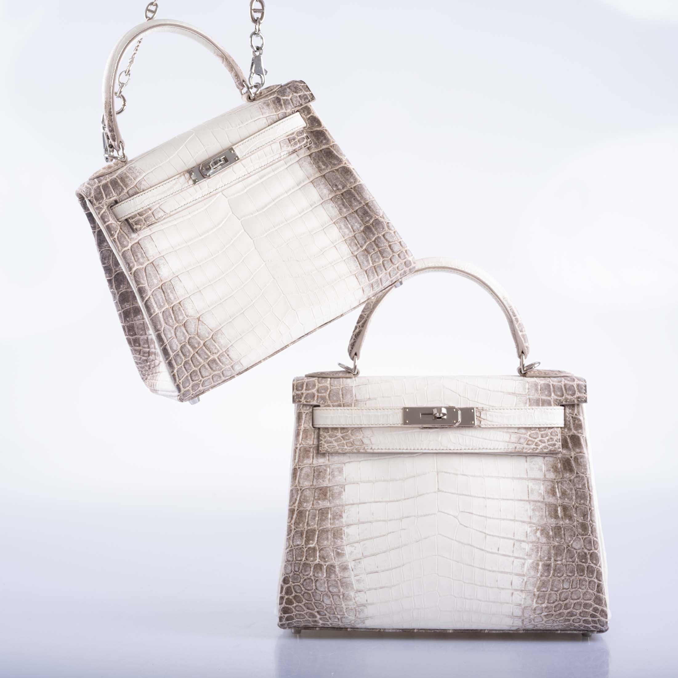 Hermès Kelly 25 Retourne White Himalayan Niloticus Crocodile Palladium Hardware