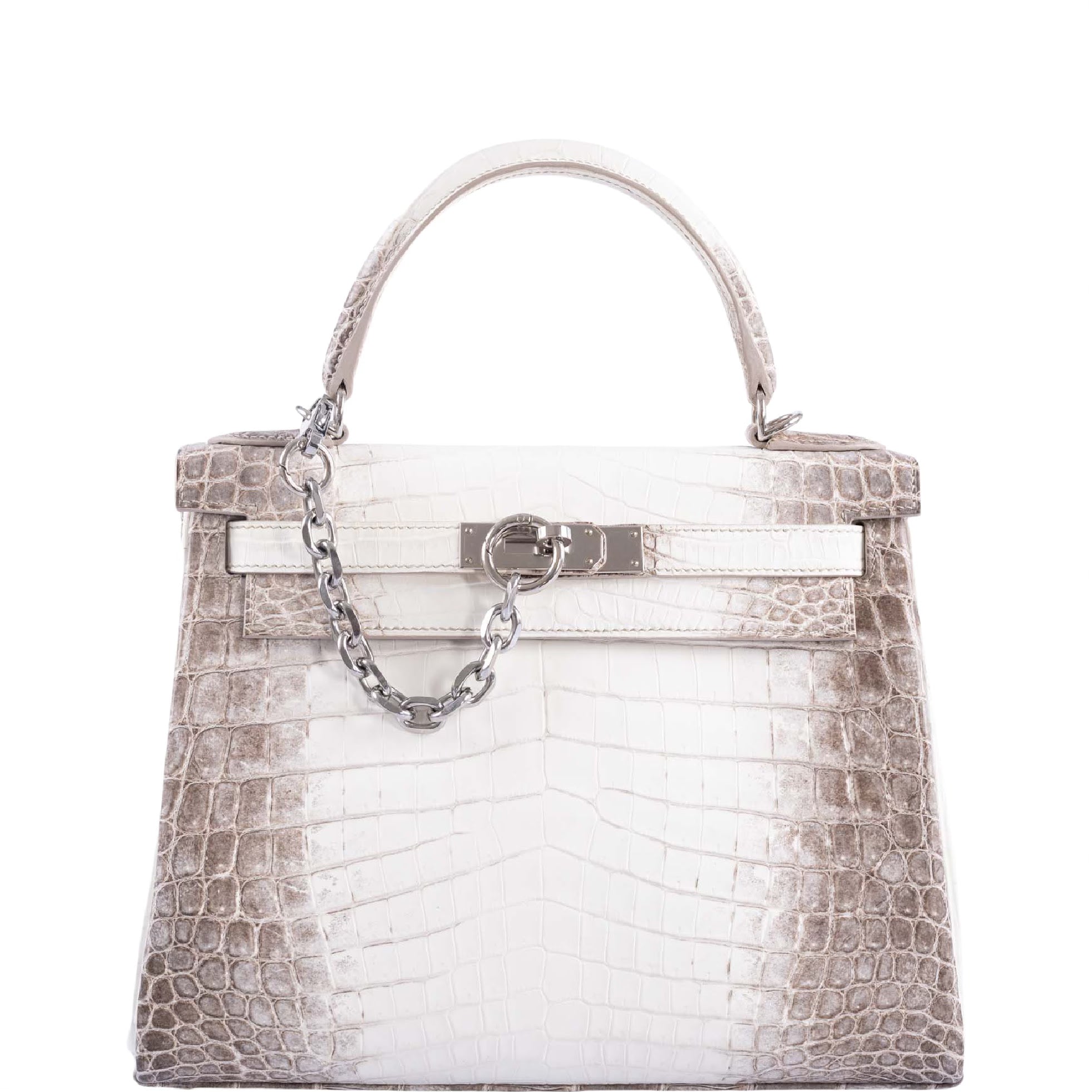 Hermès Kelly 25 Retourne White Himalayan Niloticus Crocodile Palladium Hardware