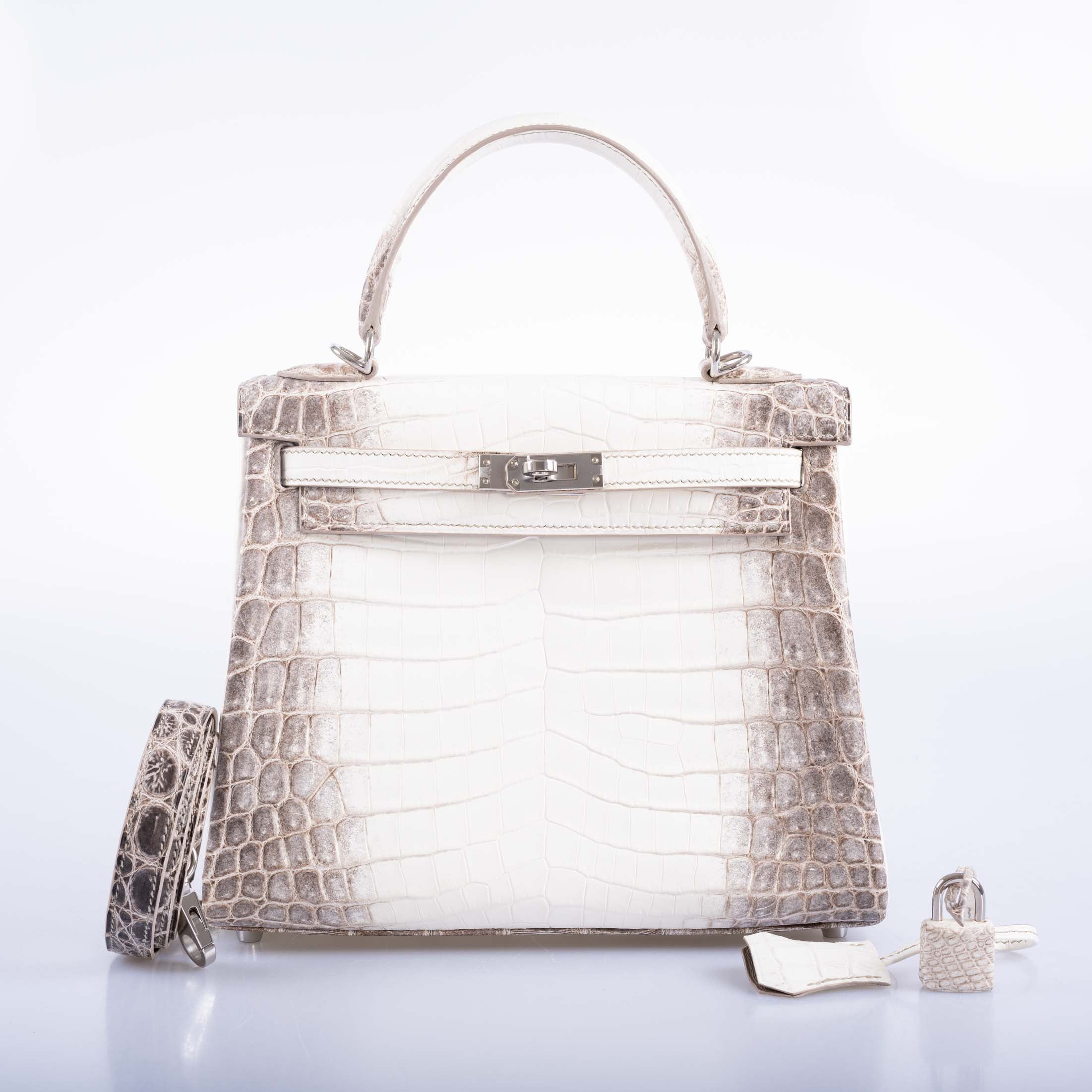 Hermès Kelly 25 Retourne White Himalayan Niloticus Crocodile Palladium Hardware