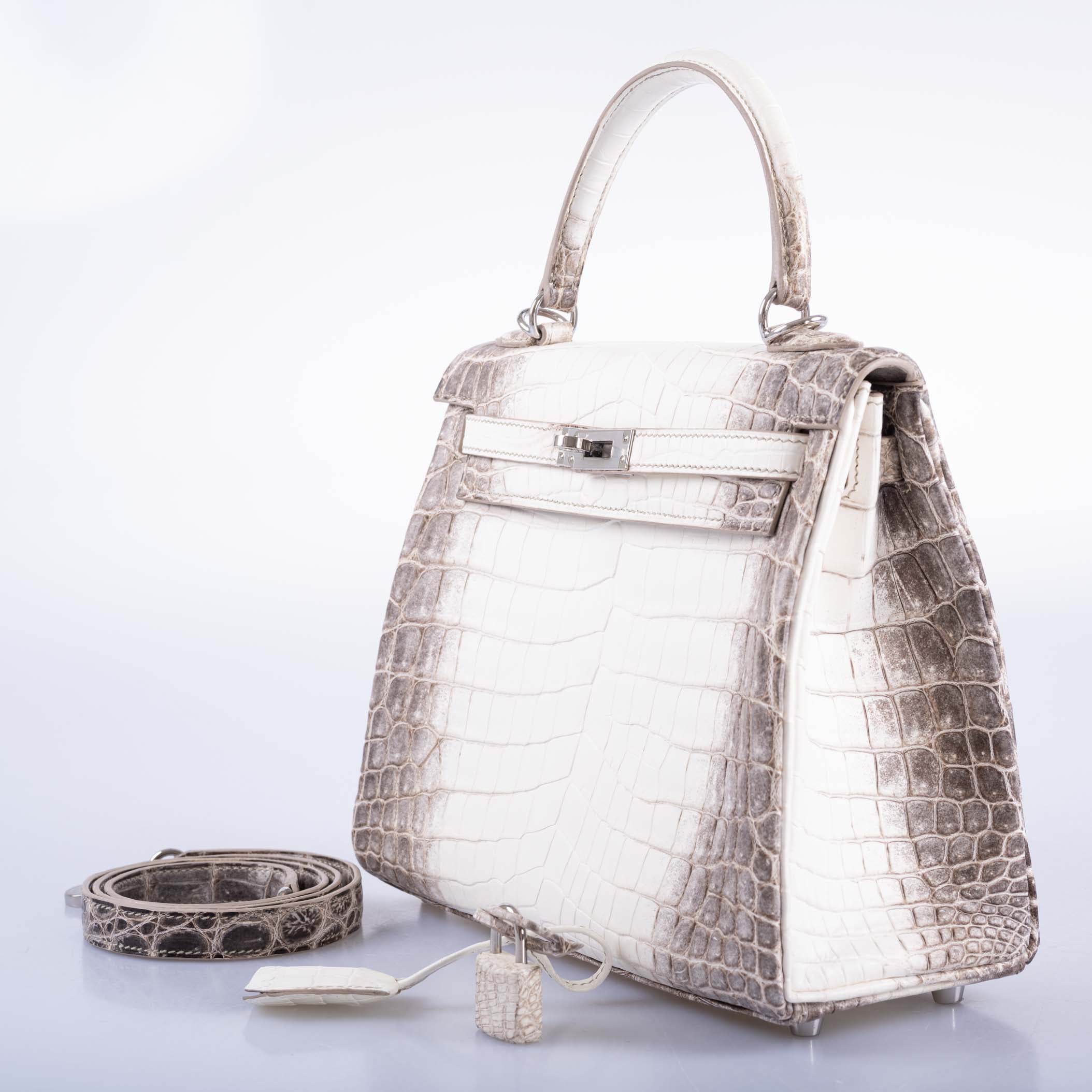 Hermès Kelly 25 Retourne White Himalayan Niloticus Crocodile Palladium Hardware