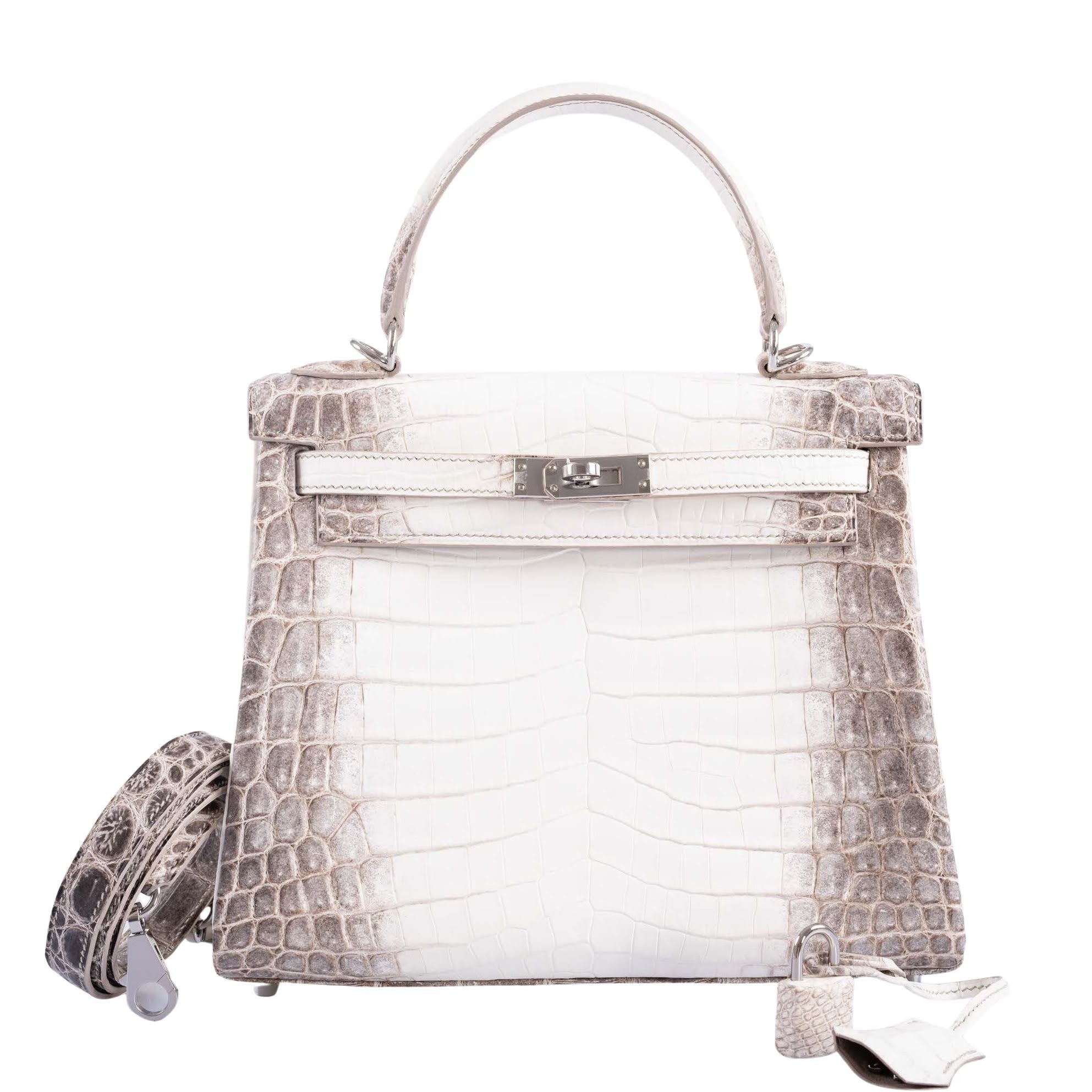 Hermès Kelly 25 Retourne White Himalayan Niloticus Crocodile Palladium Hardware