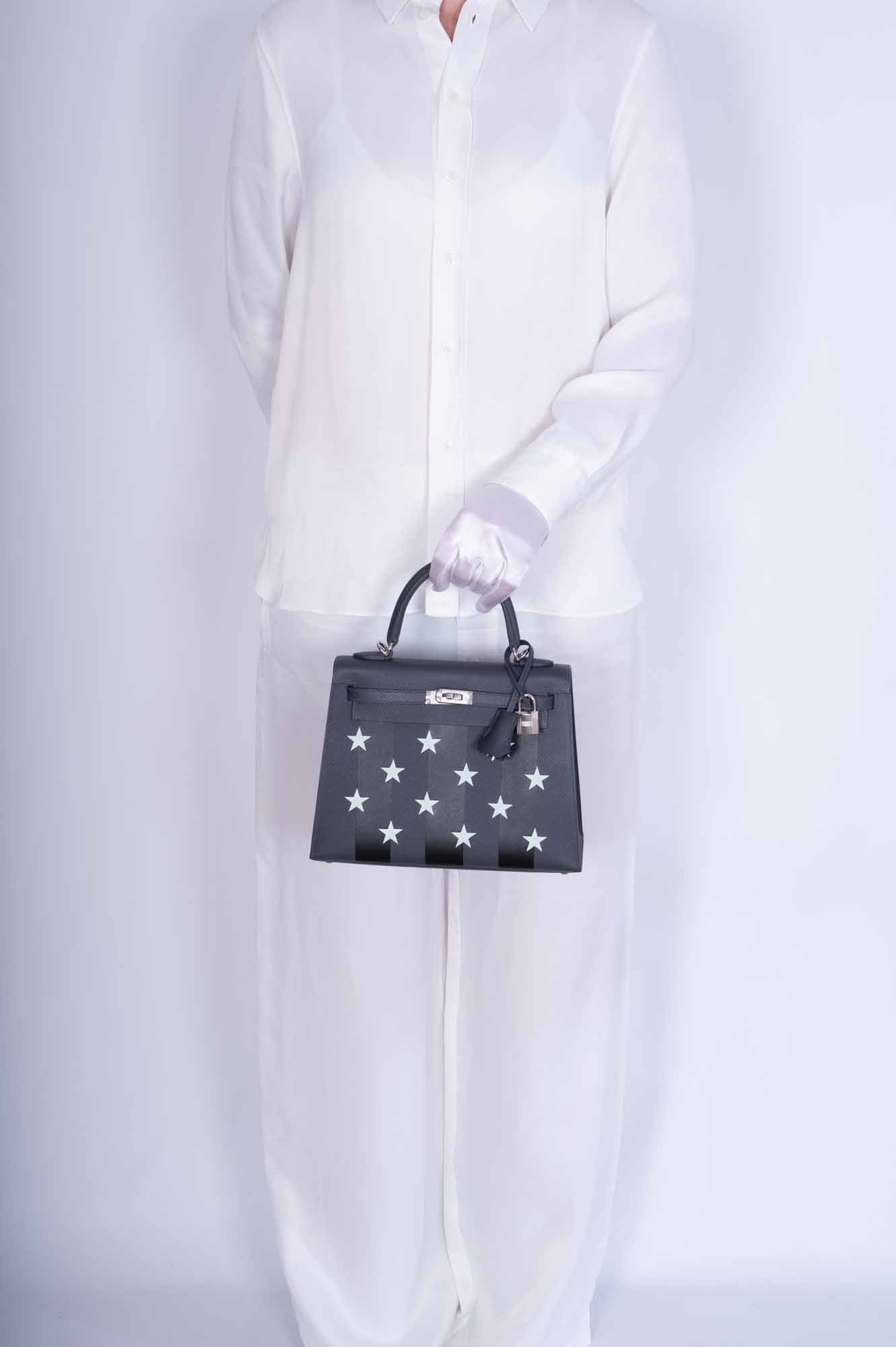 Hermès Kelly 25 Sellier Ardoise and Vert Peppermint Epsom and Black Tadelakt Casaque Etoilee Stars Palladium Hardware