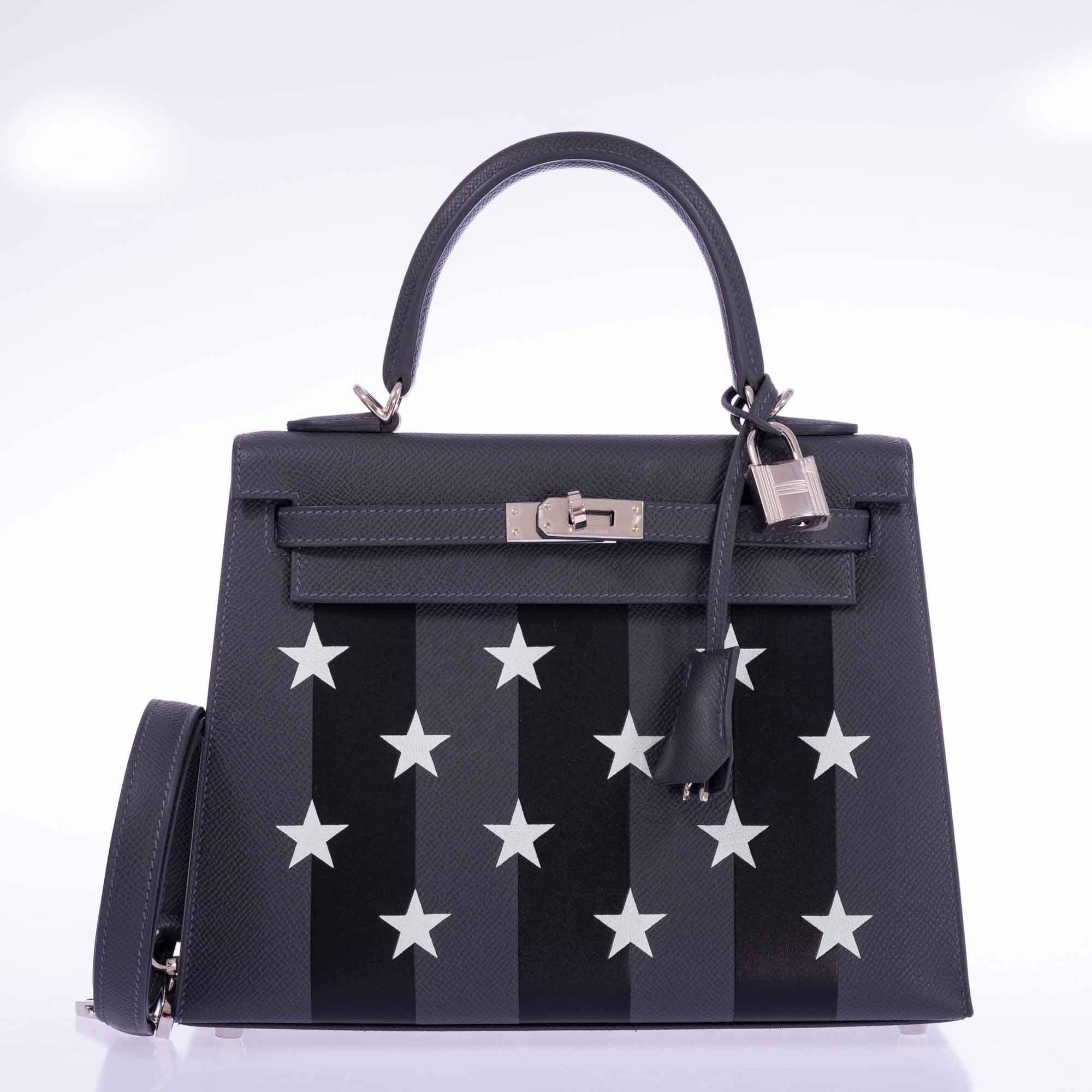 Hermès Kelly 25 Sellier Ardoise and Vert Peppermint Epsom and Black Tadelakt Casaque Etoilee Stars Palladium Hardware