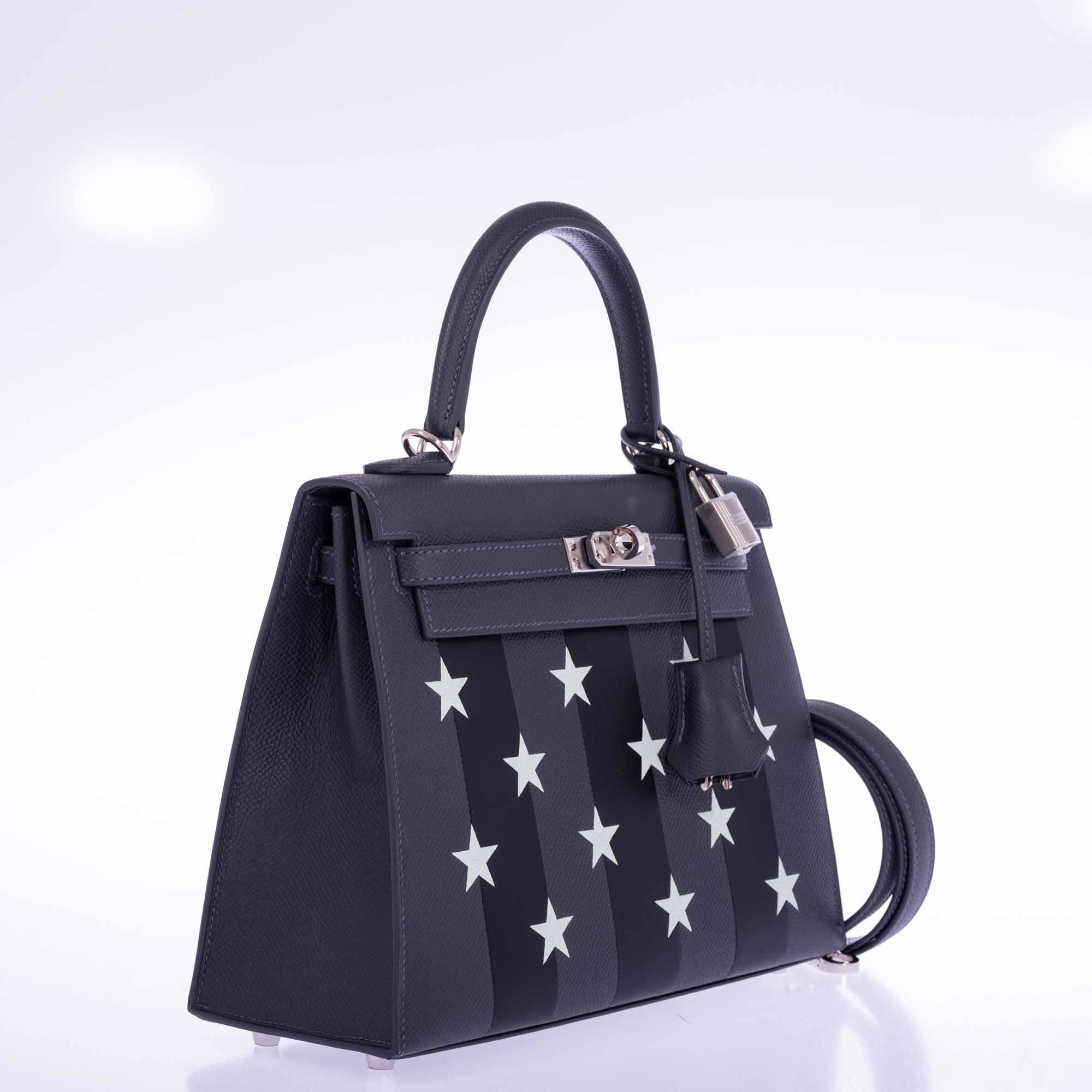 Hermès Kelly 25 Sellier Ardoise and Vert Peppermint Epsom and Black Tadelakt Casaque Etoilee Stars Palladium Hardware