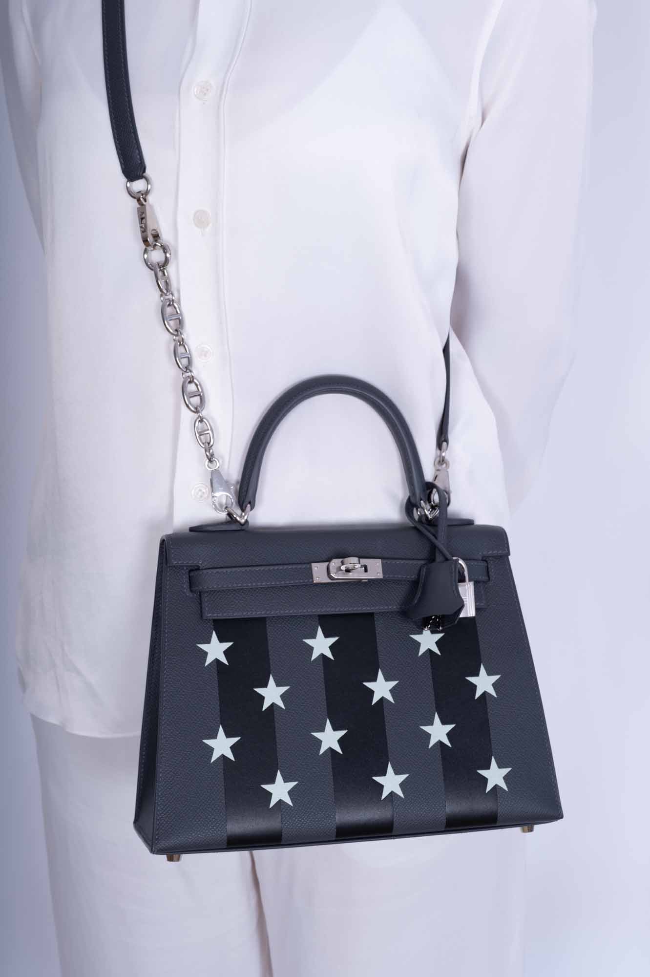 Hermès Kelly 25 Sellier Ardoise and Vert Peppermint Epsom and Black Tadelakt Casaque Etoilee Stars Palladium Hardware