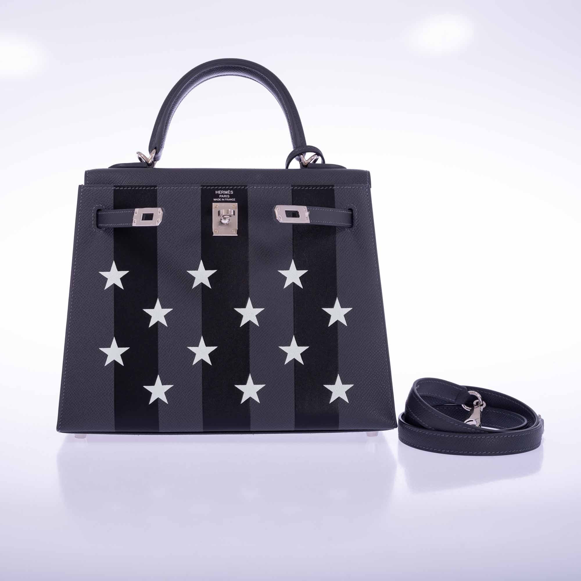 Hermès Kelly 25 Sellier Ardoise and Vert Peppermint Epsom and Black Tadelakt Casaque Etoilee Stars Palladium Hardware