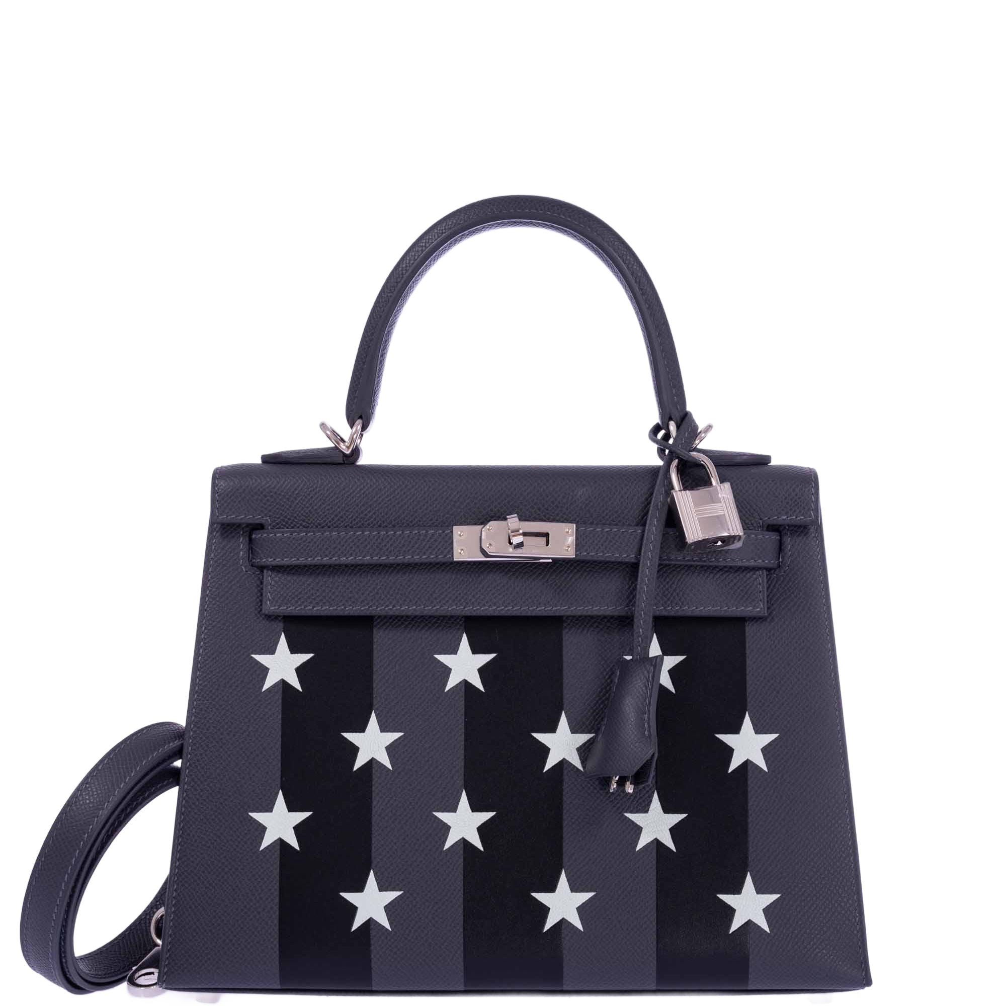 Hermès Kelly 25 Sellier Ardoise and Vert Peppermint Epsom and Black Tadelakt Casaque Etoilee Stars Palladium Hardware