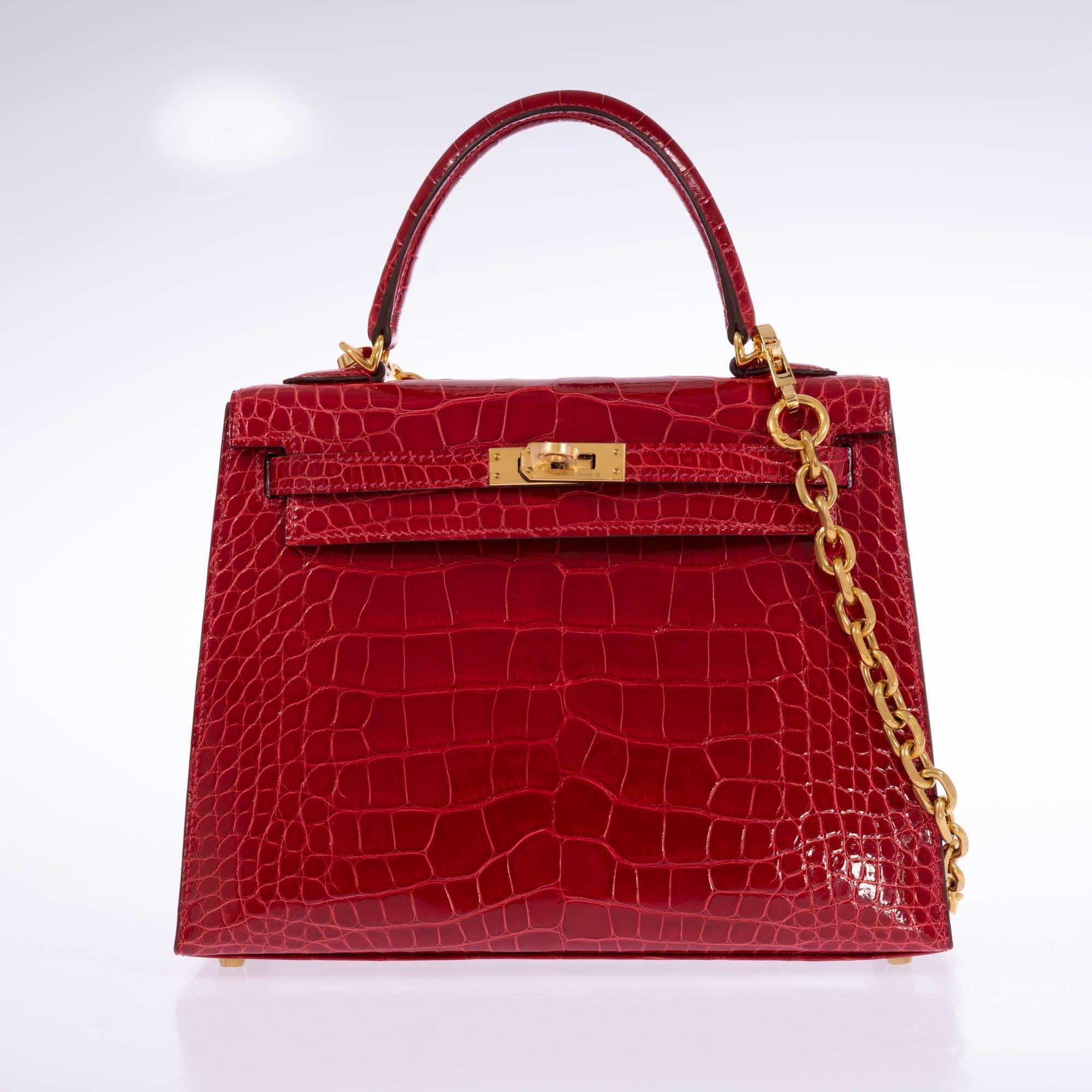 Hermès Kelly 25 Sellier Braise Shiny Alligator Gold Hardware