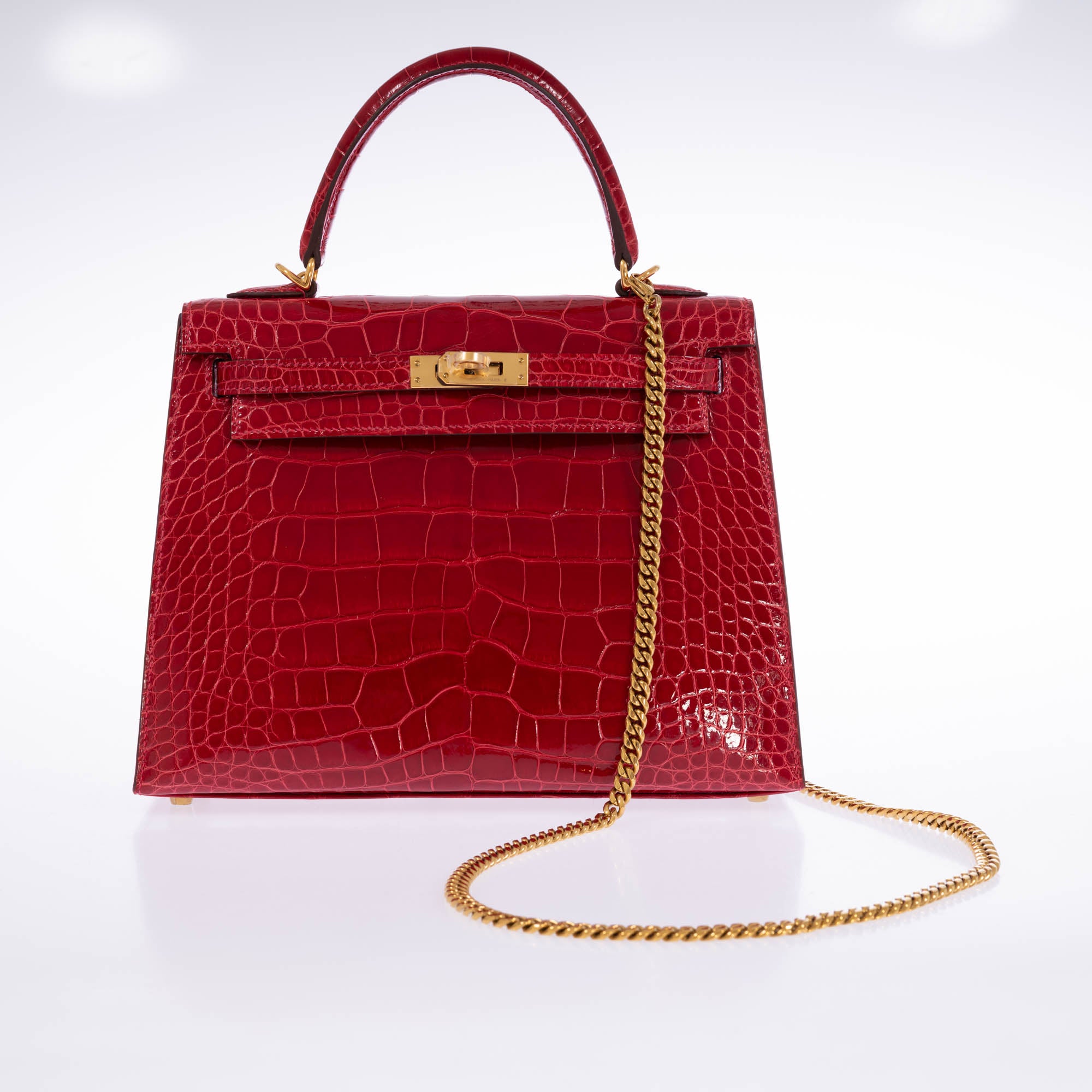 Hermès Kelly 25 Sellier Braise Shiny Alligator Gold Hardware